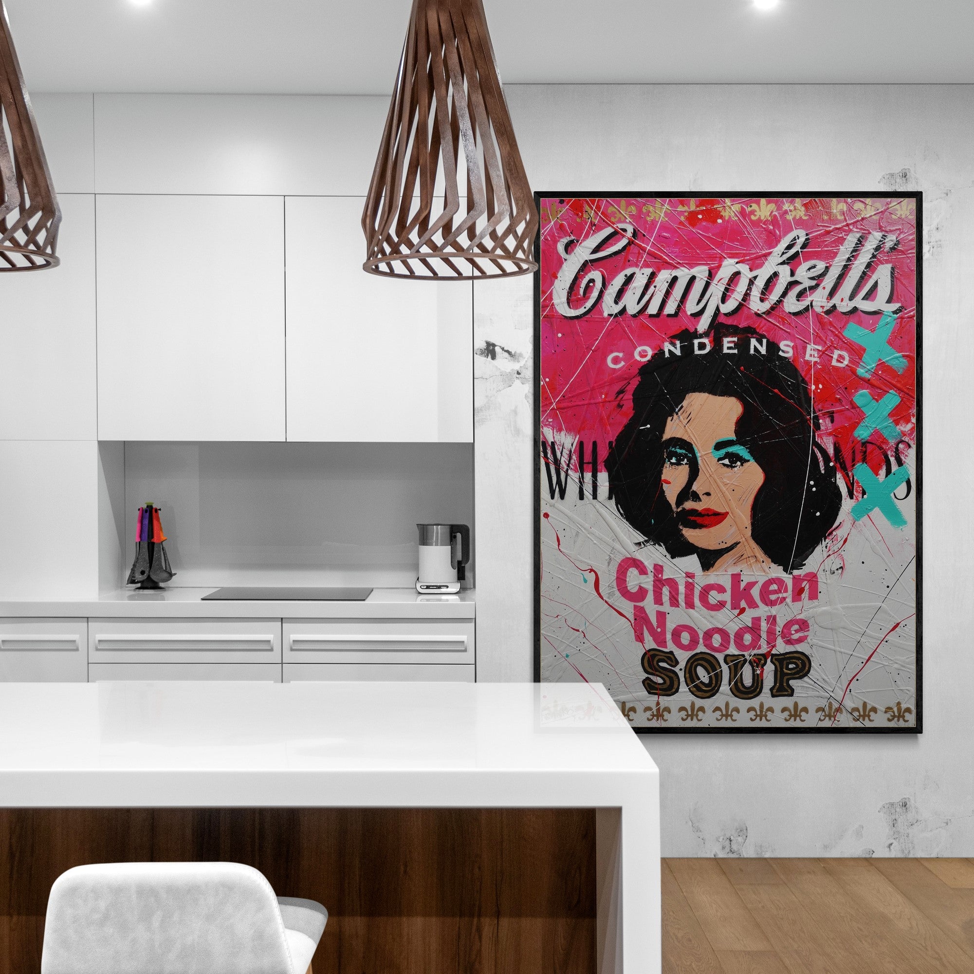 Noodle Liz 140cm x 100cm Campbell's Soup Textured Urban Pop Art Painting (SOLD)-Urban Pop Art-[Franko_Artist]-[Australian_artist]-[Gold_Coast]-[Brisbane]-[modern]-[contemporary]-[original]-[Large_artwork]-[The_Block]-[Dream_Homes]-[ideas]-[Grand_Designs]-[Art_Lover]-Franklin Art Studio