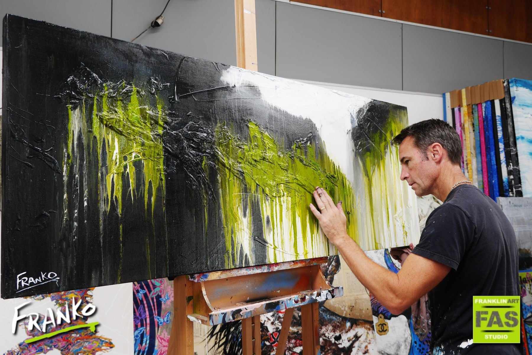 Brush Bush 160cm x 60cm Black Green White Abstract Painting (SOLD)-Abstract-[Franko_Artist]-[The_Block]-[Dream_Homes]-[ideas]- [Grand_Designs]-Franklin Art Studio