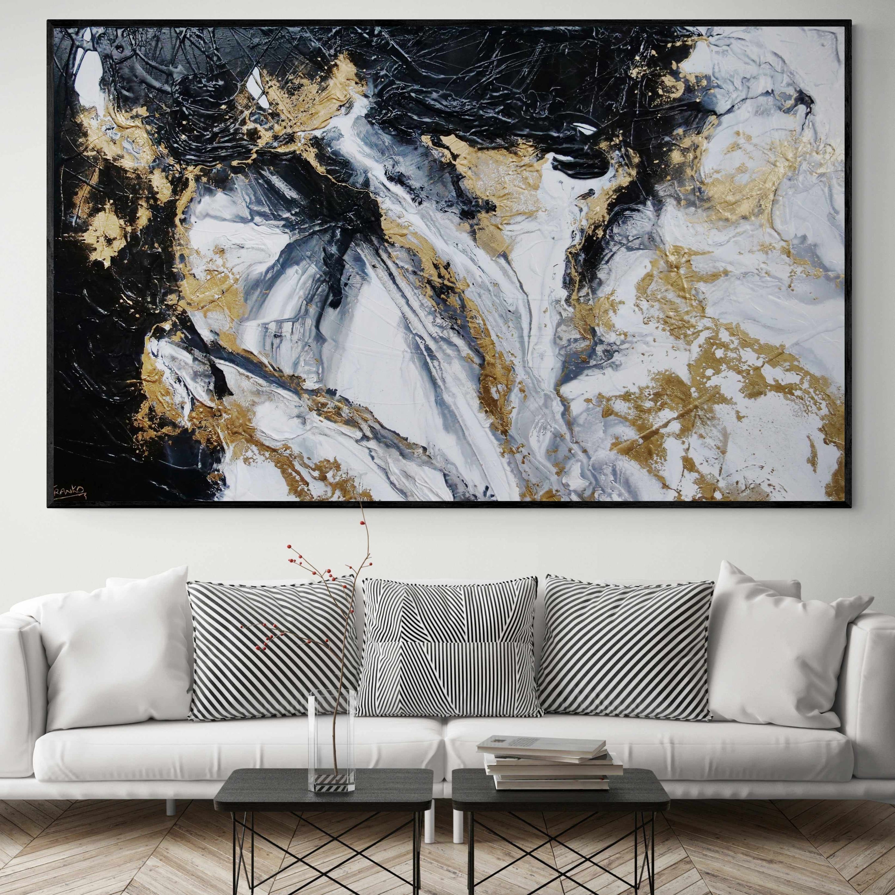 Bullion 200cm x 120cm Black White Gold Textured Abstract Painting (SOLD)-Abstract-[Franko_Artist]-[The_Block]-[Dream_Homes]-[ideas]- [Grand_Designs]-Franklin Art Studio