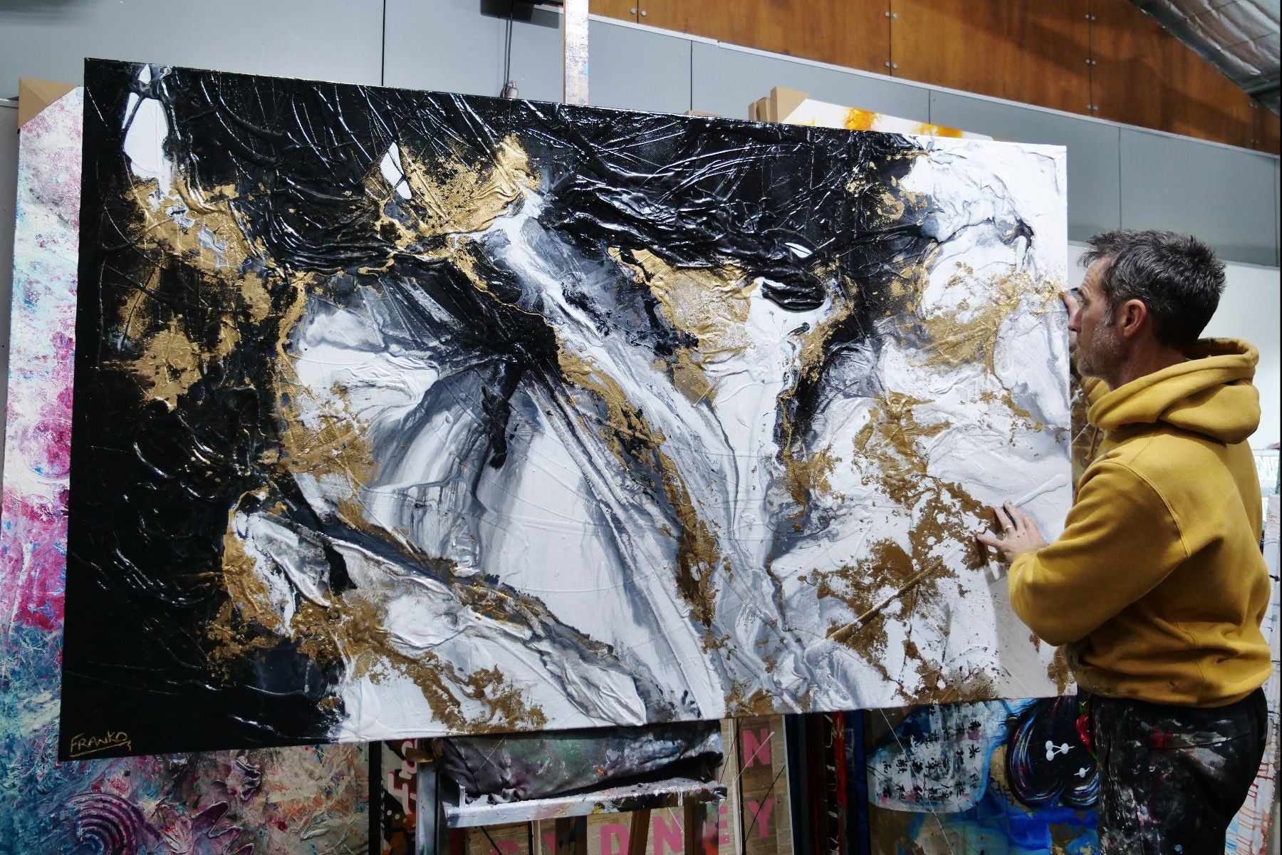 Bullion 200cm x 120cm Black White Gold Textured Abstract Painting (SOLD)-Abstract-[Franko_Artist]-[The_Block]-[Dream_Homes]-[ideas]-[Grand_Designs]-[Art_Lover]-Franklin Art Studio