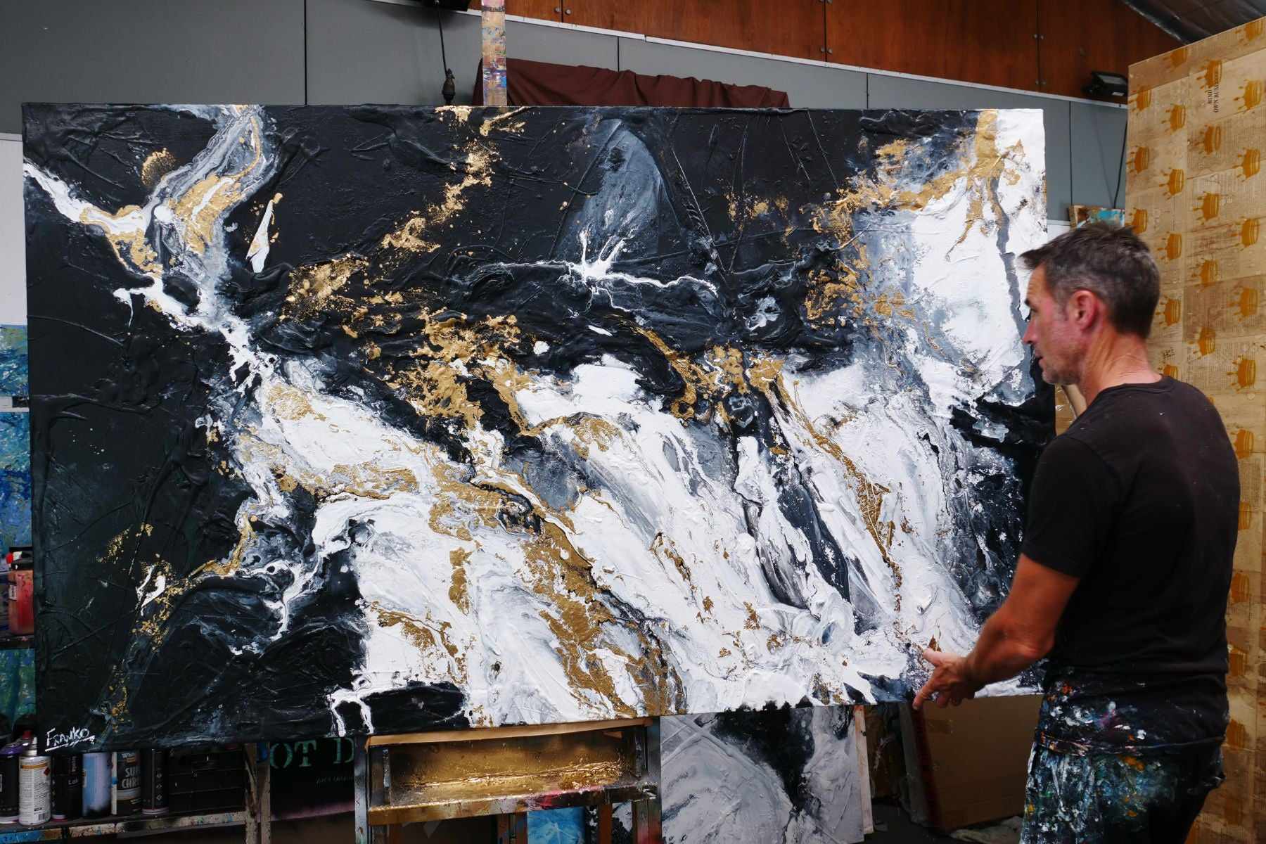 Bullions 200cm x 120cm Black White Gold Textured Abstract Painting (SOLD)-Abstract-[Franko_Artist]-[The_Block]-[Dream_Homes]-[ideas]- [Grand_Designs]-Franklin Art Studio