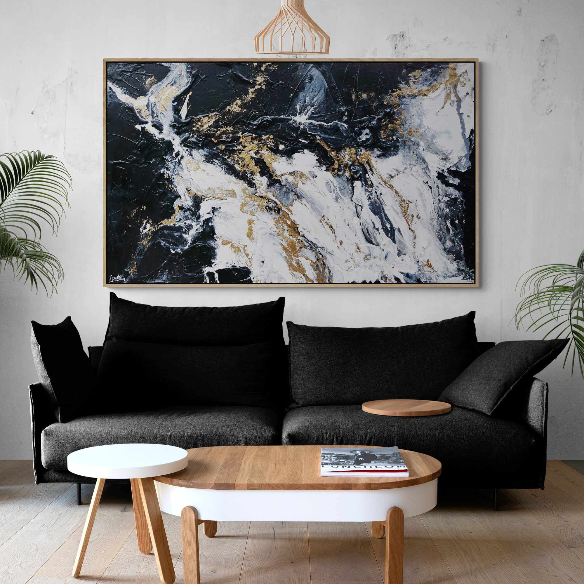Bullions 200cm x 120cm Black White Gold Textured Abstract Painting (SOLD)-Abstract-[Franko_Artist]-[The_Block]-[Dream_Homes]-[ideas]-[Grand_Designs]-[Art_Lover]-Franklin Art Studio