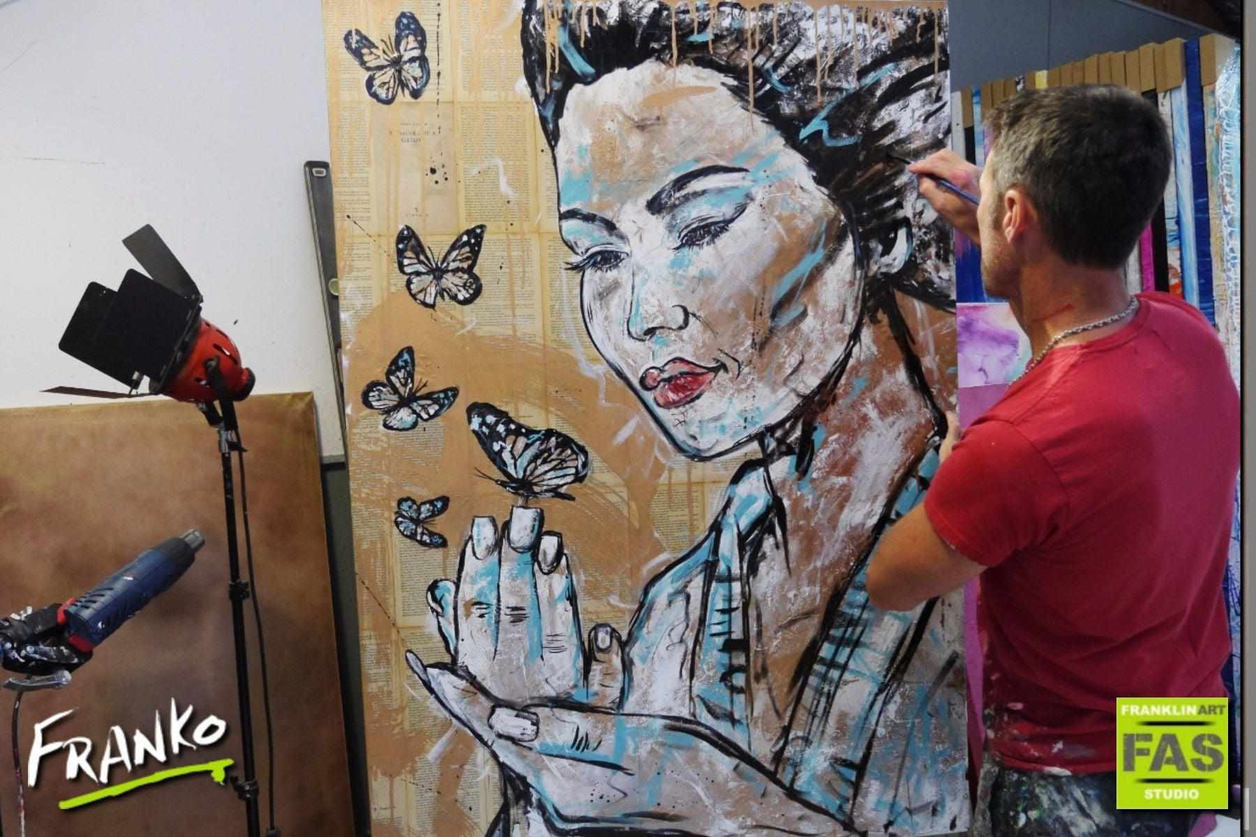 Butterflies Blue 140cm x 100cm Geisha Butterflies Vintage Book Pop art Painting (SOLD)-book club-[Franko_Artist]-[The_Block]-[Dream_Homes]-[ideas]- [Grand_Designs]-Franklin Art Studio