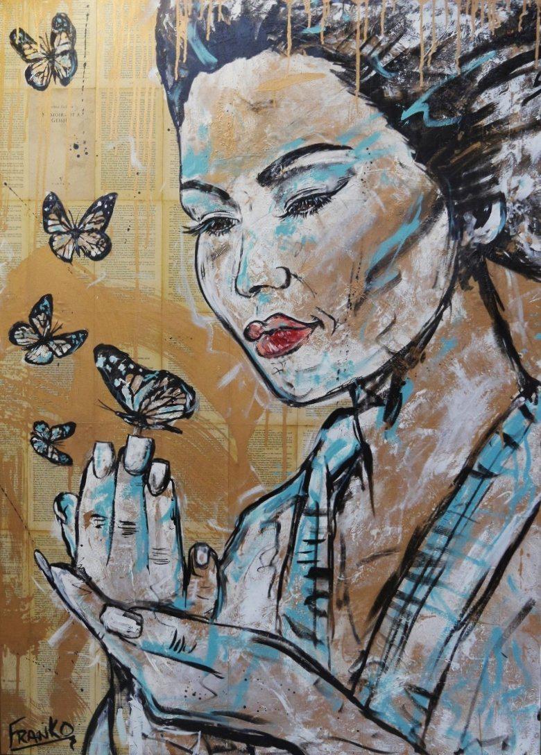 Butterflies Blue 140cm x 100cm Geisha Butterflies Vintage Book Pop art Painting (SOLD)-book club-[Franko_Artist]-[Australian_artist]-[Gold_Coast]-[Brisbane]-[modern]-[contemporary]-[original]-[Large_artwork]-Franklin Art Studio