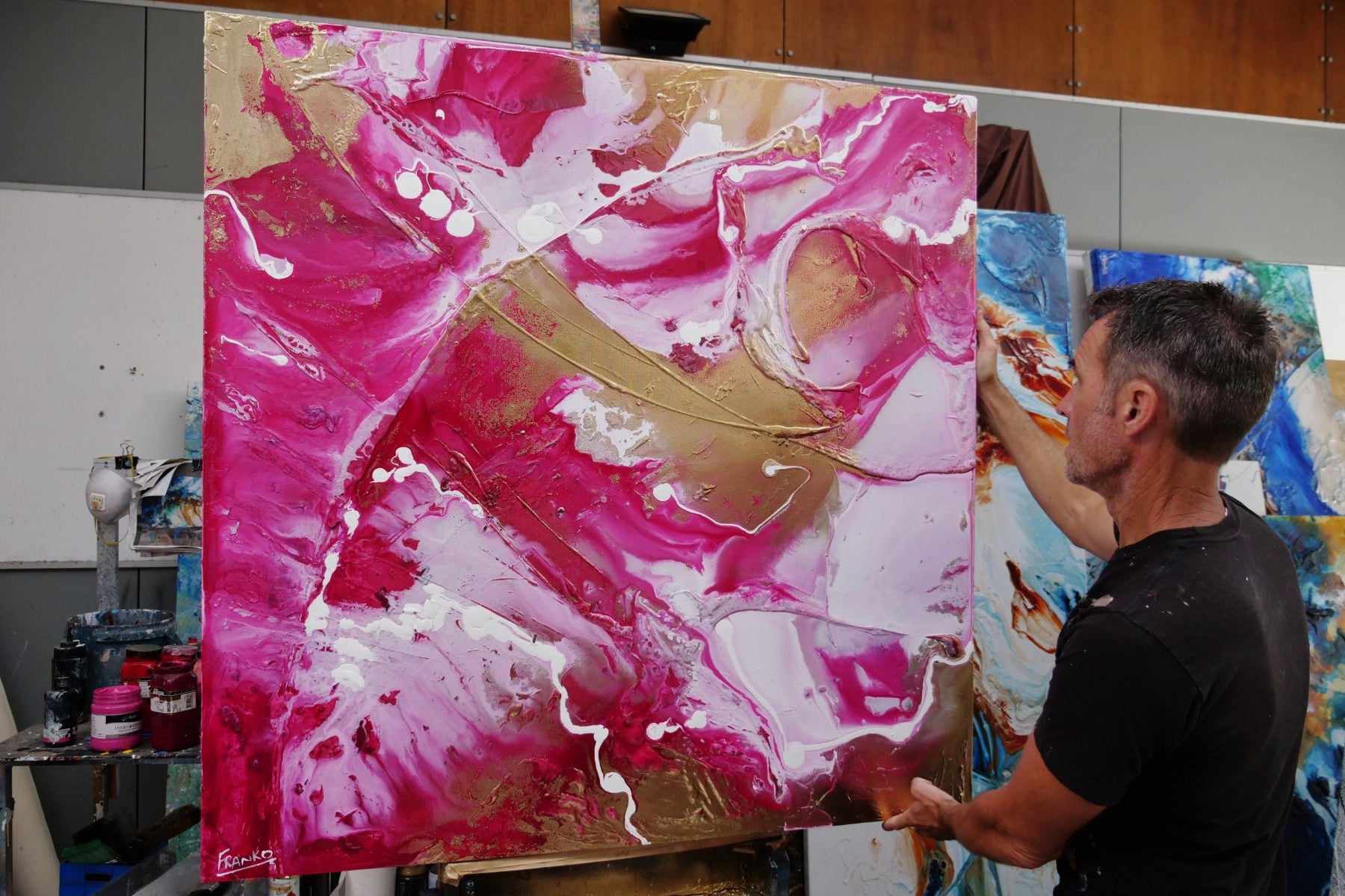 Candy Jazz 120cm x 120cm Gold Pink White Textured Abstract Painting (SOLD)-Abstract-[Franko_Artist]-[The_Block]-[Dream_Homes]-[ideas]- [Grand_Designs]-Franklin Art Studio