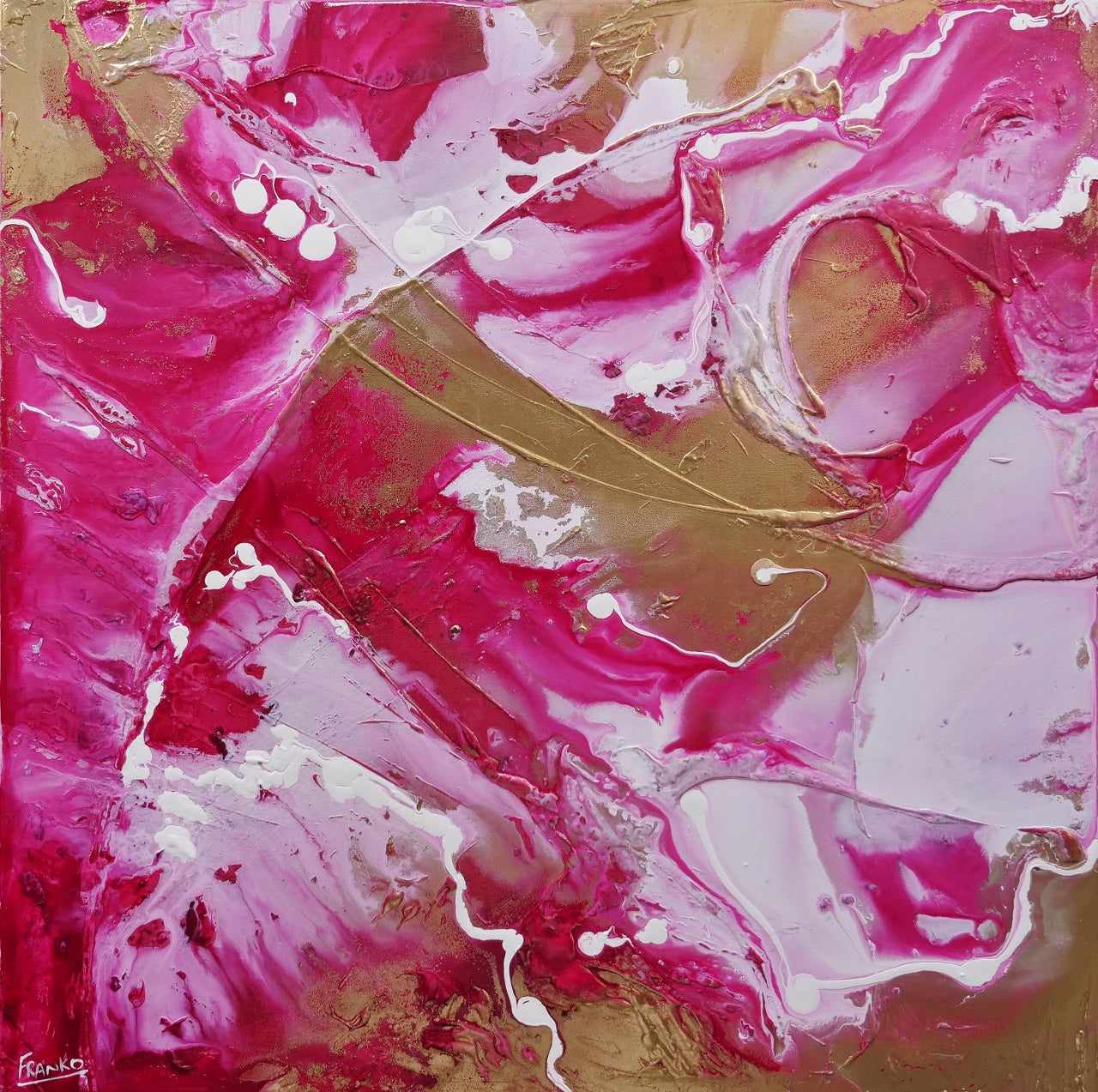 Candy Jazz 120cm x 120cm Gold Pink White Textured Abstract Painting (SOLD)-Abstract-[Franko_Artist]-[Australian_artist]-[Gold_Coast]-[Brisbane]-[modern]-[contemporary]-[original]-[Large_artwork]-Franklin Art Studio