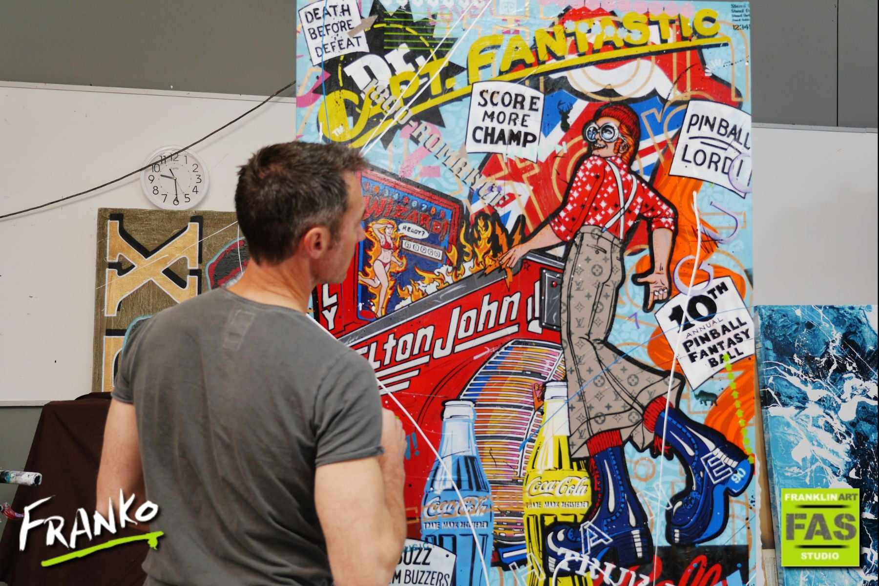 Captain Fantastic 140cm x 100cm 70's Pinball board Elton Johns 'Captain Fantastic and the Brown Dirt Cowboy' urban pop art painting (SOLD)-urban pop-[Franko_Artist]-[The_Block]-[Dream_Homes]-[ideas]- [Grand_Designs]-Franklin Art Studio