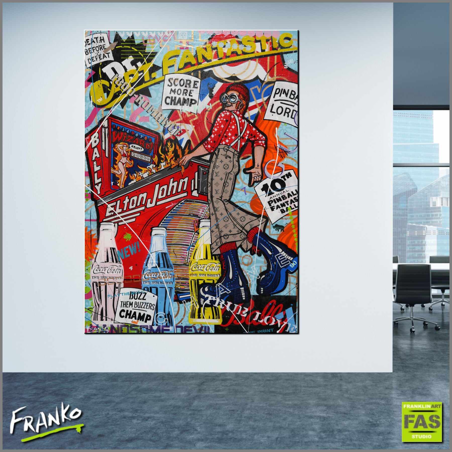 Captain Fantastic 140cm x 100cm 70's Pinball board Elton Johns 'Captain Fantastic and the Brown Dirt Cowboy' urban pop art painting (SOLD)-urban pop-[Franko_Artist]-[Australian_artist]-[Gold_Coast]-[Brisbane]-[modern]-[contemporary]-[original]-[Large_artwork]-[The_Block]-[Dream_Homes]-[ideas]-[Grand_Designs]-[Art_Lover]-Franklin Art Studio