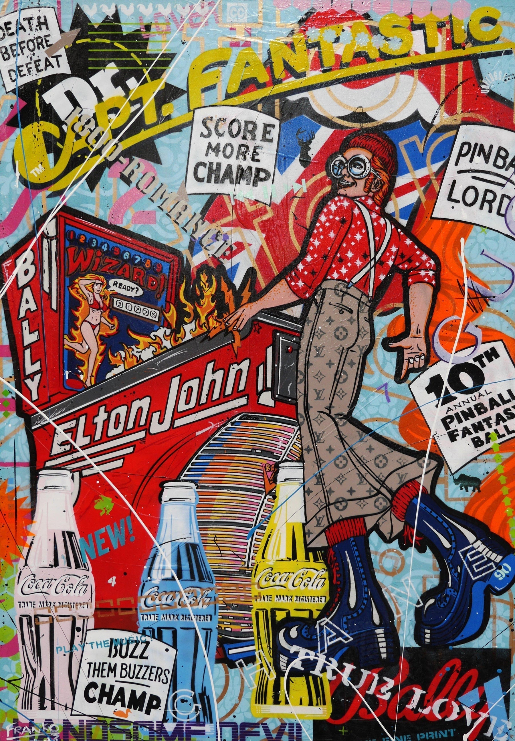 Captain Fantastic 140cm x 100cm 70's Pinball board Elton Johns 'Captain Fantastic and the Brown Dirt Cowboy' urban pop art painting (SOLD)-urban pop-[Franko_Artist]-[Australian_artist]-[Gold_Coast]-[Brisbane]-[modern]-[contemporary]-[original]-[Large_artwork]-Franklin Art Studio