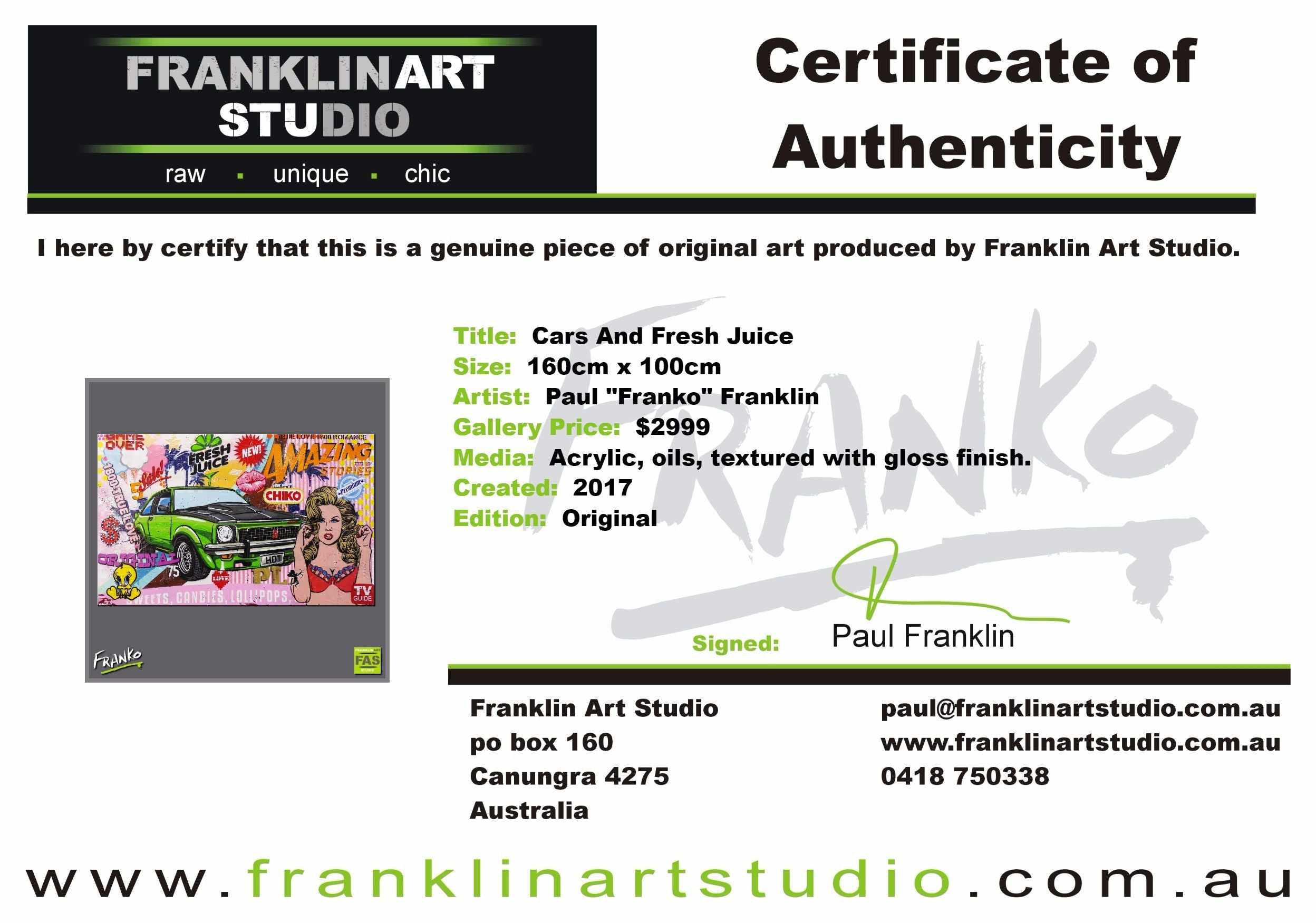 Cars And Fresh Juice 160cm x 100cm SS Torana Pop Art Painting (SOLD)-urban pop-[Franko_Artist]-[The_Block]-[Dream_Homes]-[ideas]- [Grand_Designs]-Franklin Art Studio