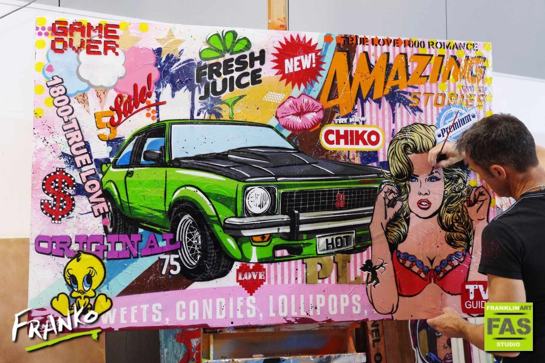 Cars And Fresh Juice 160cm x 100cm SS Torana Pop Art Painting (SOLD)-urban pop-[Franko_Artist]-[The_Block]-[Dream_Homes]-[ideas]-[Grand_Designs]-[Art_Lover]-Franklin Art Studio