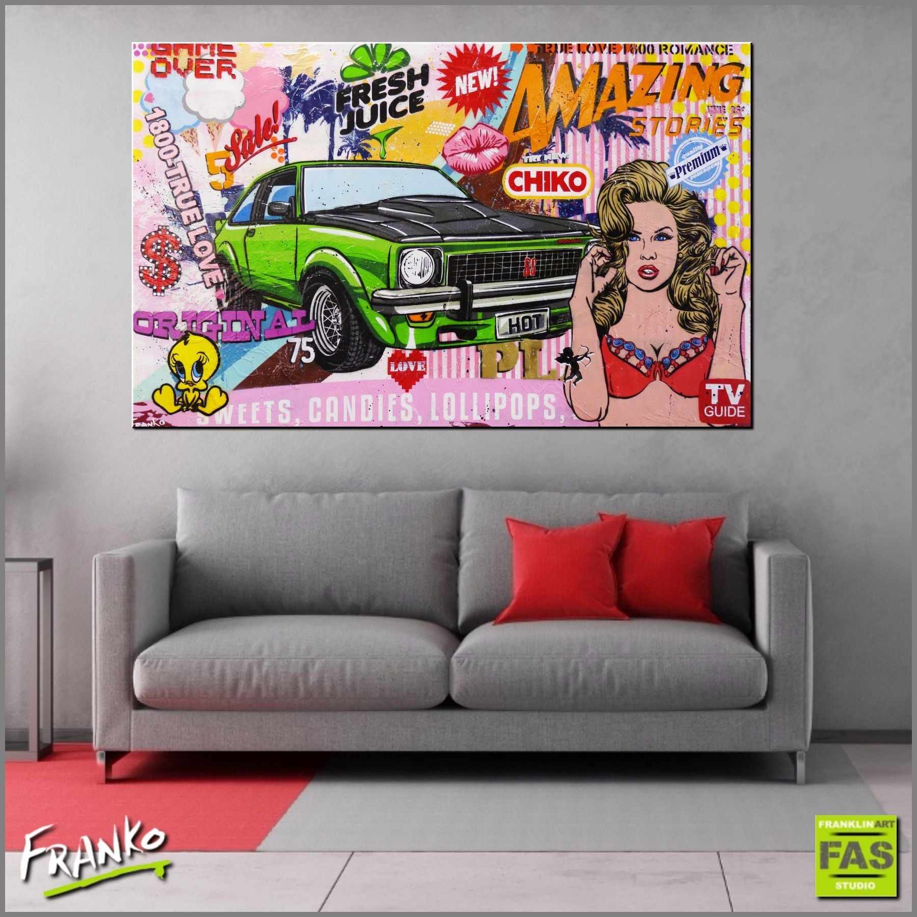 Cars And Fresh Juice 160cm x 100cm SS Torana Pop Art Painting (SOLD)-urban pop-[Franko_Artist]-[Australian_artist]-[Gold_Coast]-[Brisbane]-[modern]-[contemporary]-[original]-[Large_artwork]-[The_Block]-[Dream_Homes]-[ideas]-[Grand_Designs]-[Art_Lover]-Franklin Art Studio