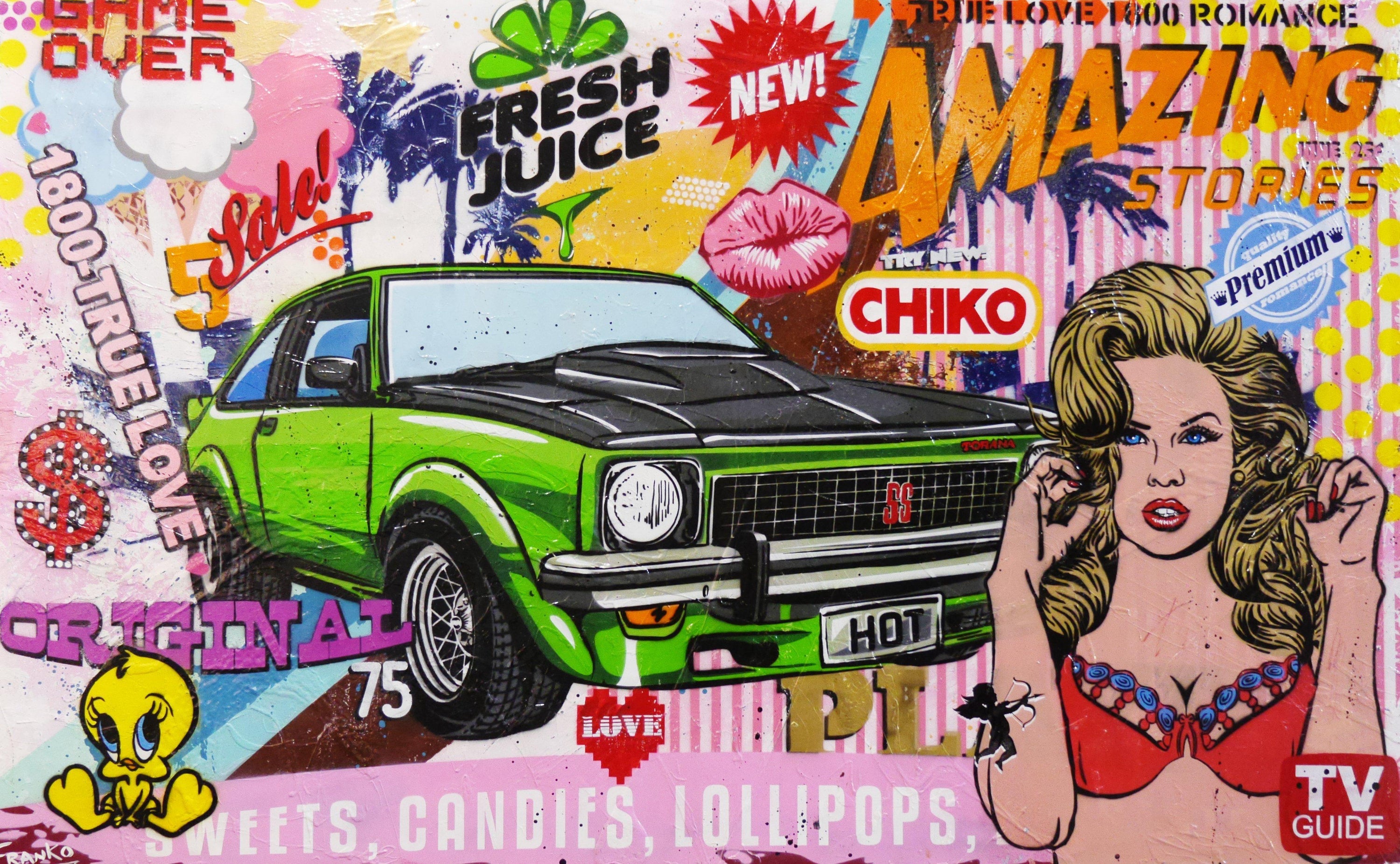 Cars And Fresh Juice 160cm x 100cm SS Torana Pop Art Painting (SOLD)-urban pop-[Franko_Artist]-[Australian_artist]-[Gold_Coast]-[Brisbane]-[modern]-[contemporary]-[original]-[Large_artwork]-Franklin Art Studio