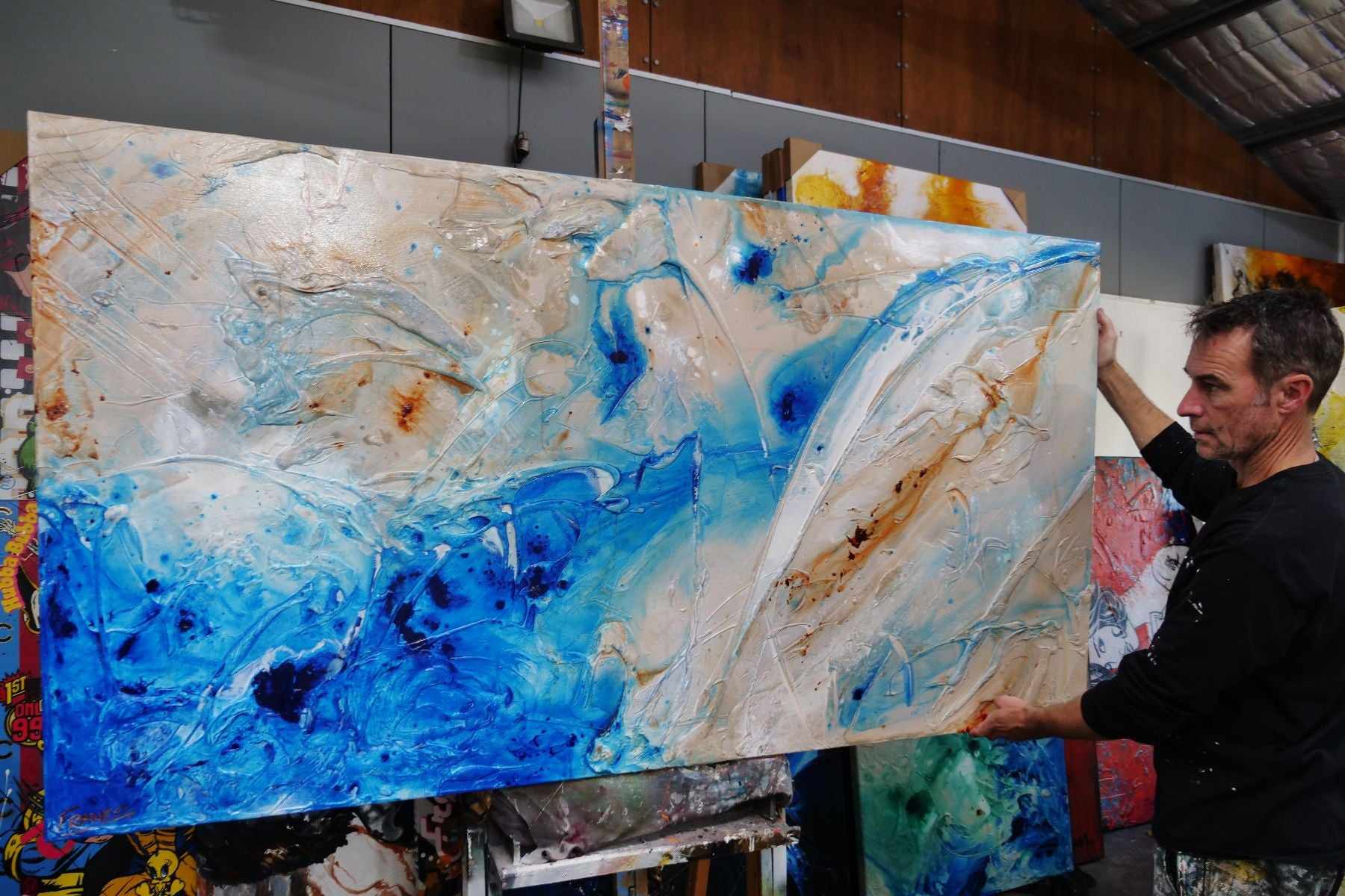 Casbah Rush 190cm x 100cm Blue Cream Textured Abstract Painting (SOLD)-Abstract-[Franko_Artist]-[The_Block]-[Dream_Homes]-[ideas]-[Grand_Designs]-[Art_Lover]-Franklin Art Studio