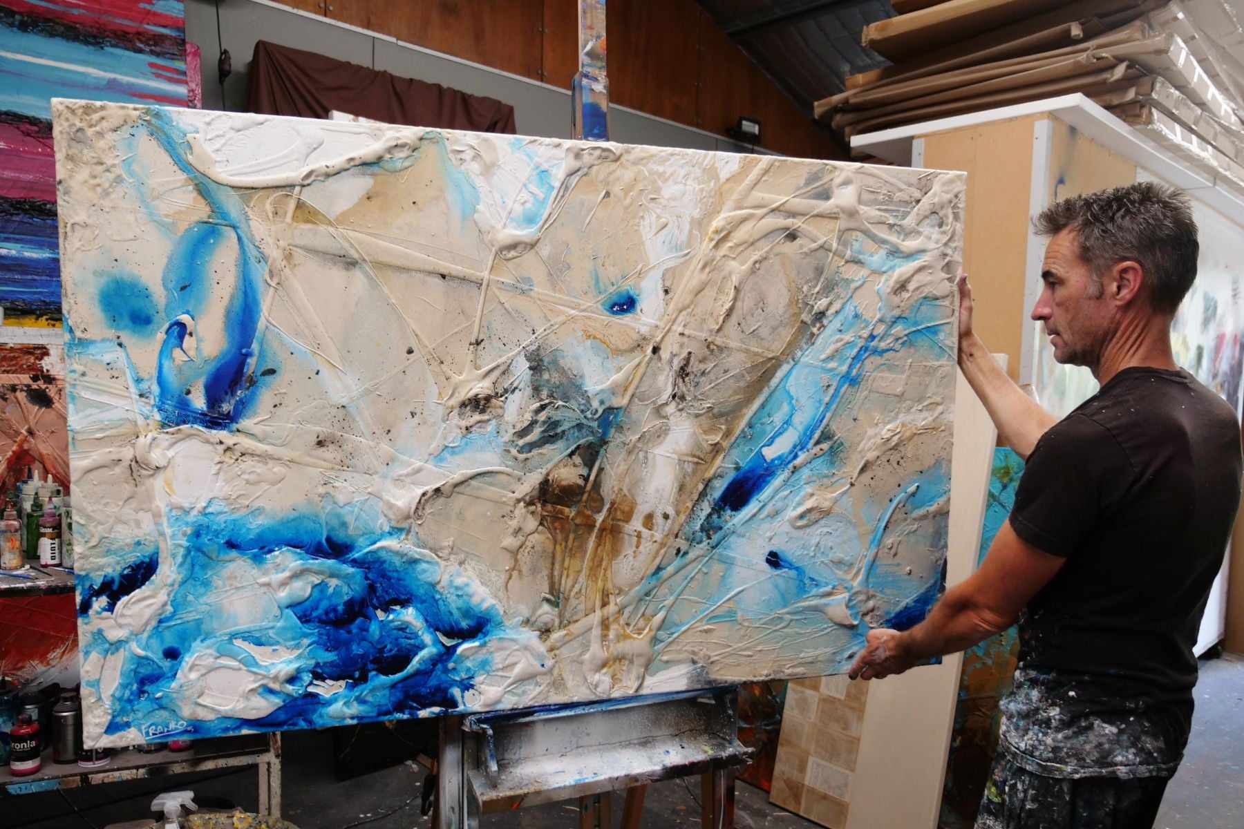 Casbah Sass 160cm x 100cm Cream Blue Textured Abstract Painting (SOLD)-Abstract-[Franko_Artist]-[The_Block]-[Dream_Homes]-[ideas]- [Grand_Designs]-Franklin Art Studio