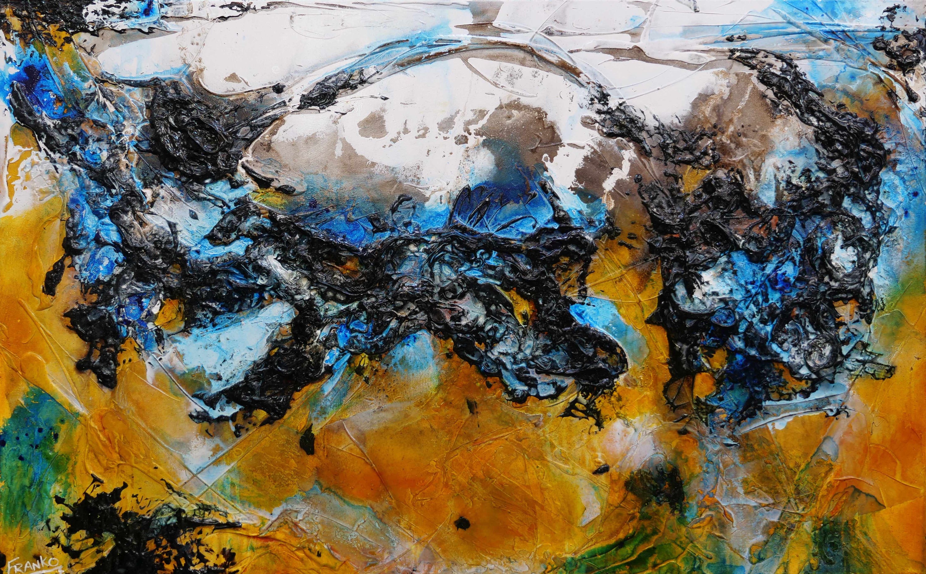 Castaway Beach 160cm x 100cm Sienna Black Blue Textured Abstract Paintin (SOLD)-Abstract-[Franko_Artist]-[Australian_artist]-[Gold_Coast]-[Brisbane]-[modern]-[contemporary]-[original]-[Large_artwork]-Franklin Art Studio
