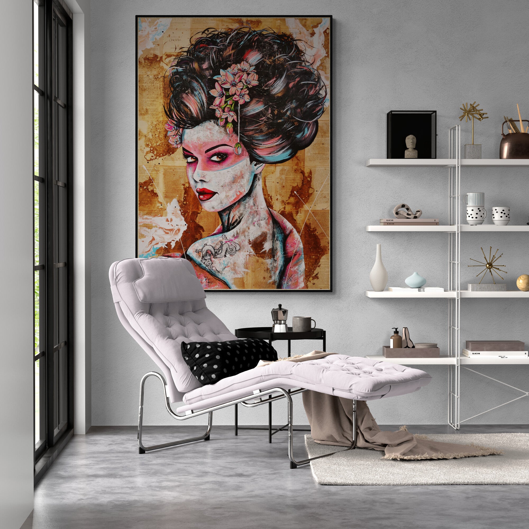 White Dragon 140cm x 100cm Euro Geisha Abstract Realism Book Club Painting (SOLD)-book club-[Franko_Artist]-[The_Block]-[Dream_Homes]-[ideas]-[Grand_Designs]-[Art_Lover]-Franklin Art Studio
