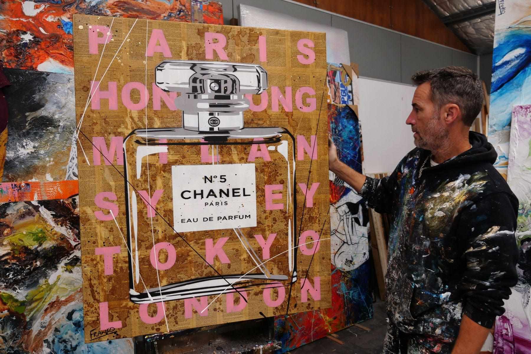 Chanel Pink 120cm x 100cm Pink Chanel Perfume Bottle Urban Pop Book Club Painting (SOLD)-book club-[Franko_Artist]-[The_Block]-[Dream_Homes]-[ideas]- [Grand_Designs]-Franklin Art Studio