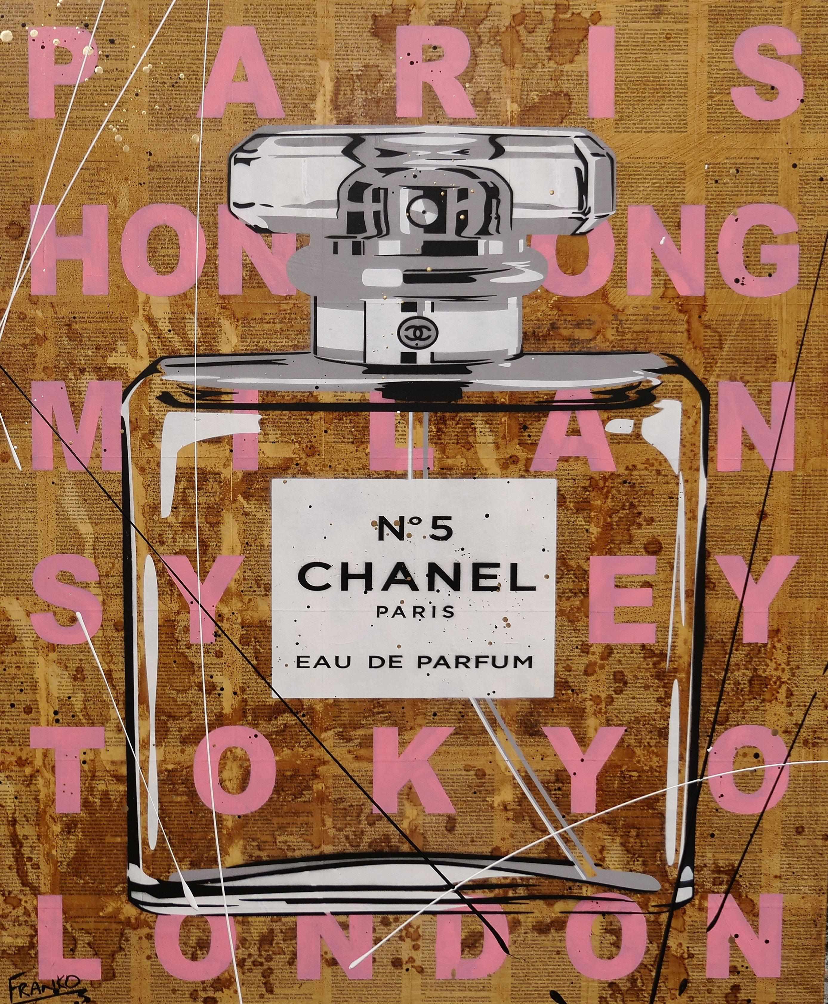 Chanel Pink 120cm x 100cm Pink Chanel Perfume Bottle Urban Pop Book Club Painting (SOLD)-book club-[Franko_Artist]-[Australian_artist]-[Gold_Coast]-[Brisbane]-[modern]-[contemporary]-[original]-[Large_artwork]-Franklin Art Studio