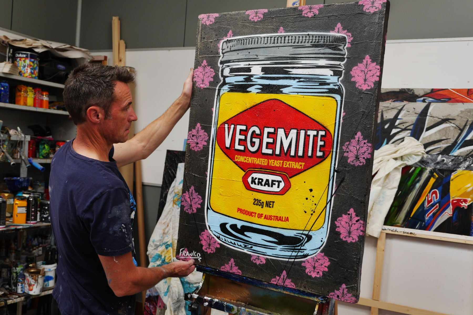 Charcoal Vegemite 75cm x 100cm Vegemite Textured Urban Pop Art Painting (SOLD)-concrete-[Franko_Artist]-[The_Block]-[Dream_Homes]-[ideas]- [Grand_Designs]-Franklin Art Studio