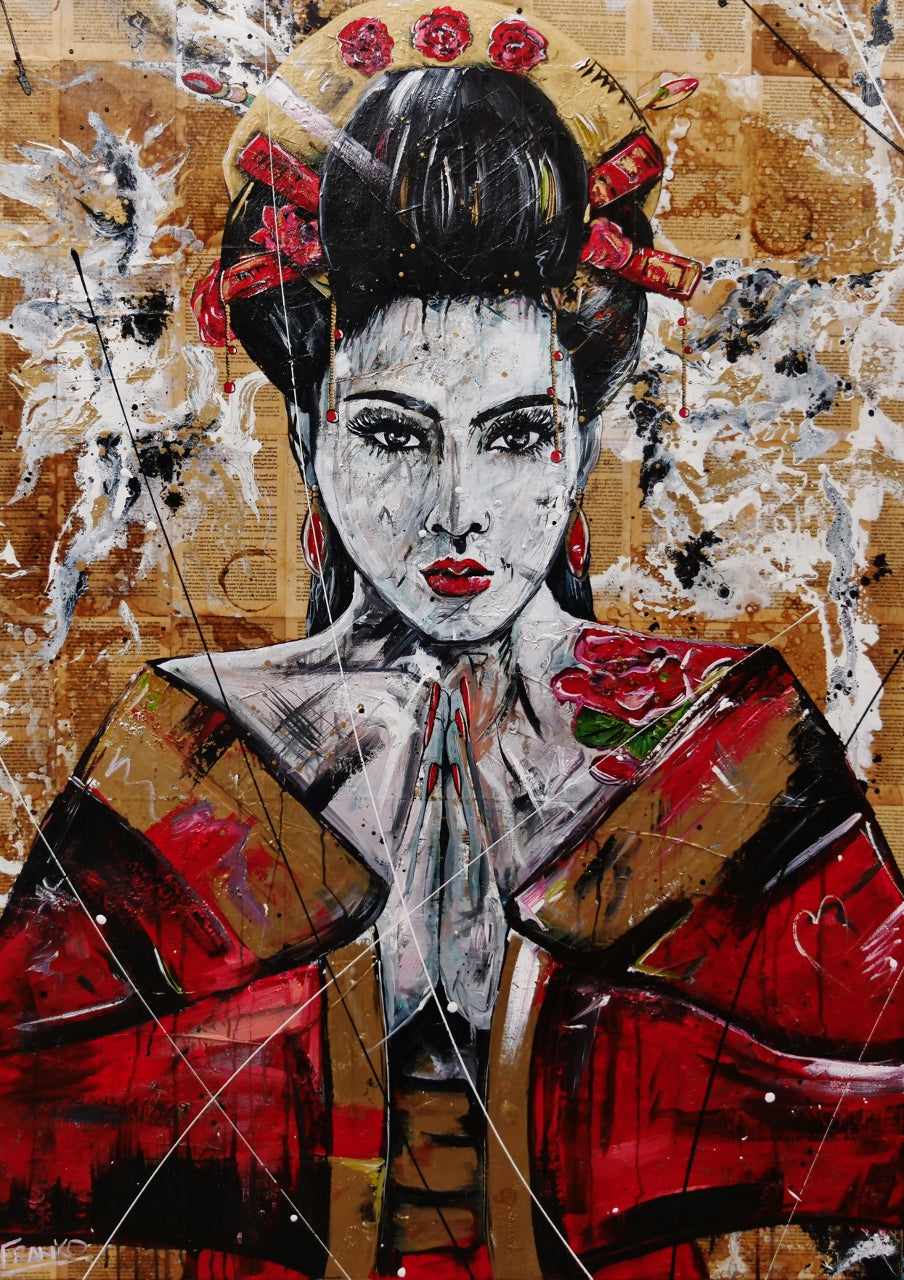 Cherry Ocho 140cm x 100cm Geisha Abstract Realism Book Club Painting (SOLD)-book club-[Franko_Artist]-[Australian_artist]-[Gold_Coast]-[Brisbane]-[modern]-[contemporary]-[original]-[Large_artwork]-Franklin Art Studio