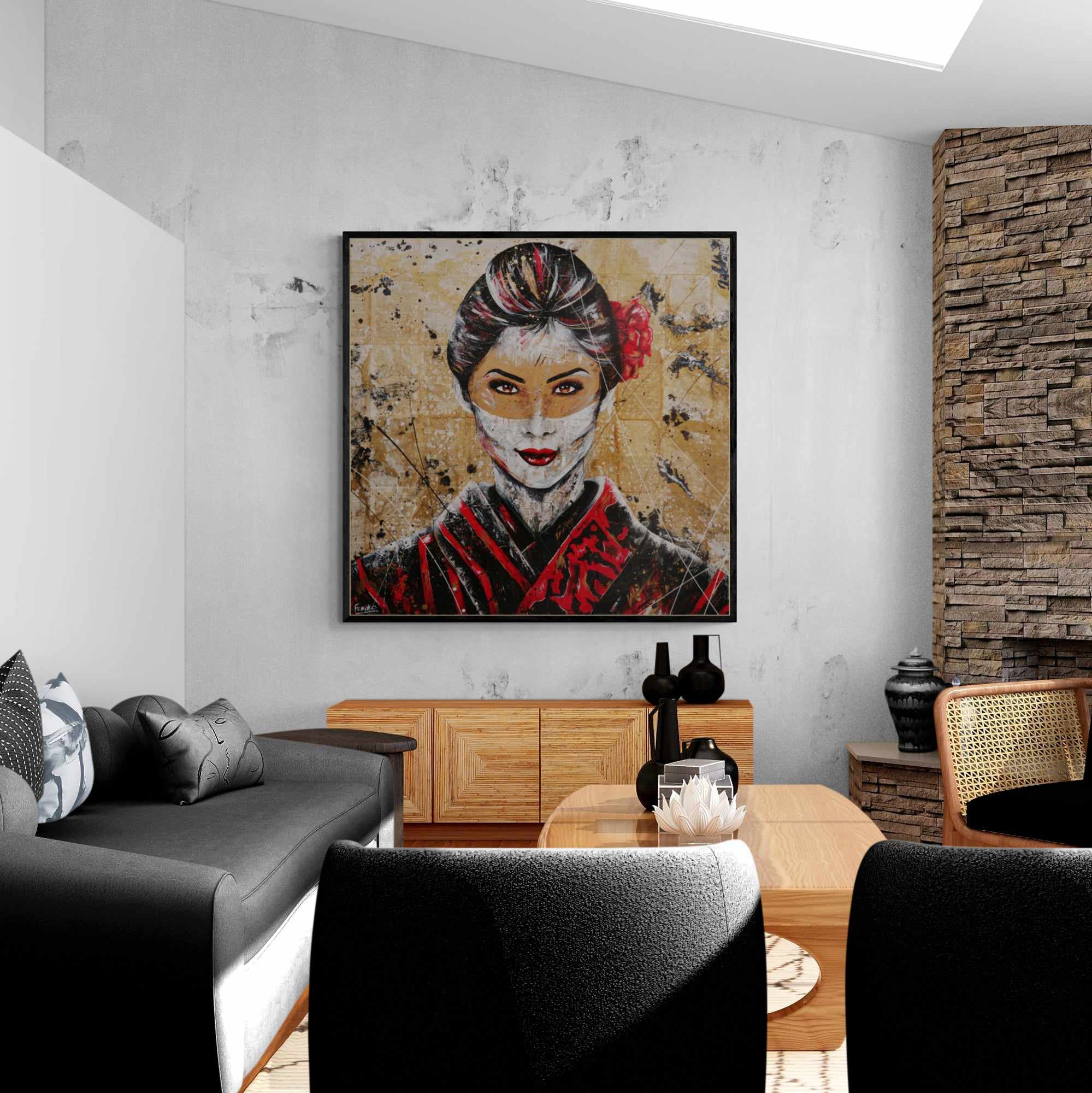 Cherry Pride 120cm x 120cm Geisha Abstract Realism Book Club Painting (SOLD)-book club-[Franko_Artist]-[The_Block]-[Dream_Homes]-[ideas]- [Grand_Designs]-Franklin Art Studio