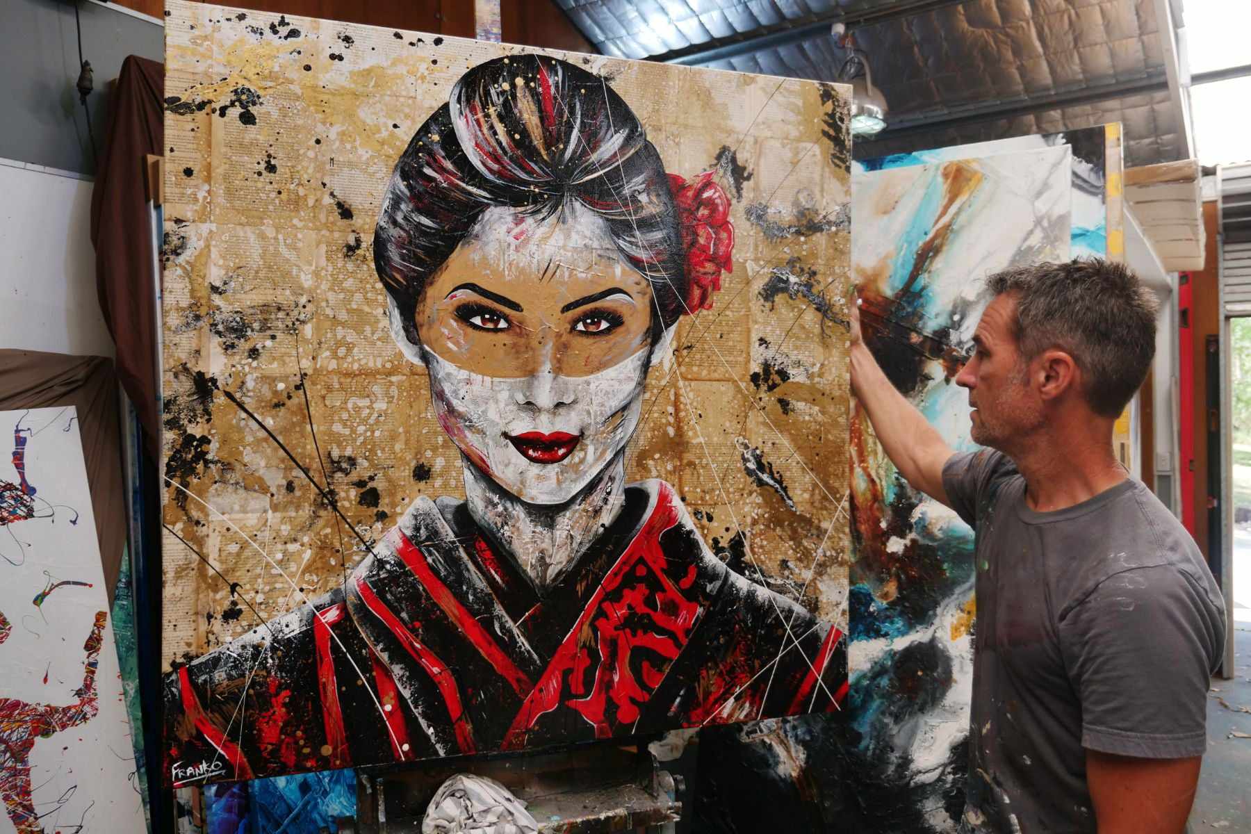 Cherry Pride 120cm x 120cm Geisha Abstract Realism Book Club Painting (SOLD)-book club-[Franko_Artist]-[The_Block]-[Dream_Homes]-[ideas]-[Grand_Designs]-[Art_Lover]-Franklin Art Studio