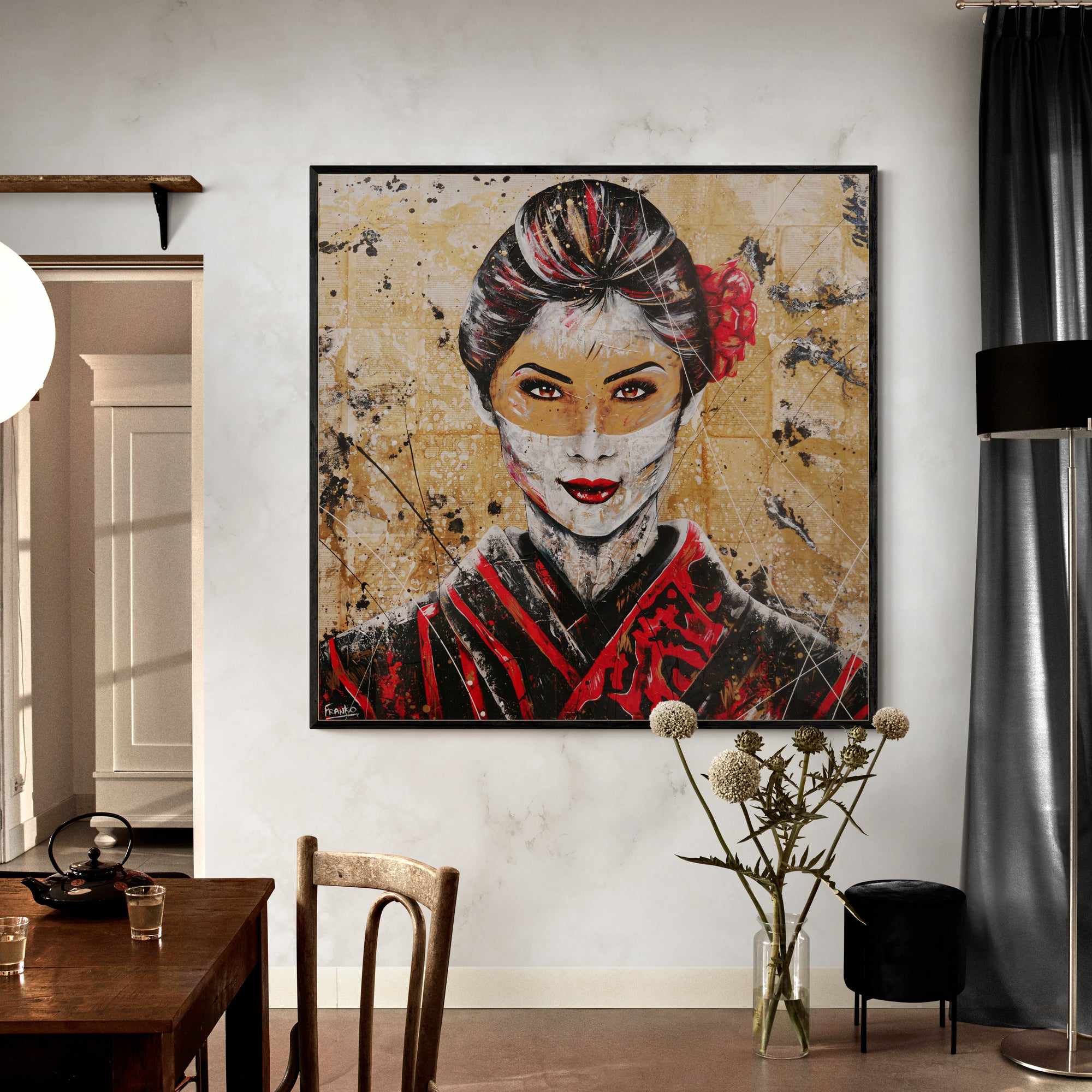 Cherry Pride 120cm x 120cm Geisha Abstract Realism Book Club Painting (SOLD)-book club-[Franko_Artist]-[Australian_artist]-[Gold_Coast]-[Brisbane]-[modern]-[contemporary]-[original]-[Large_artwork]-[The_Block]-[Dream_Homes]-[ideas]-[Grand_Designs]-[Art_Lover]-Franklin Art Studio