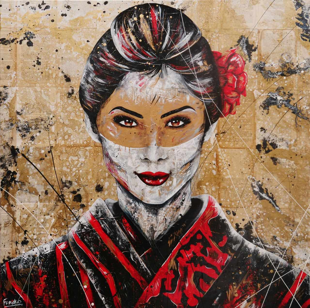 Cherry Pride 120cm x 120cm Geisha Abstract Realism Book Club Painting (SOLD)-book club-[Franko_Artist]-[Australian_artist]-[Gold_Coast]-[Brisbane]-[modern]-[contemporary]-[original]-[Large_artwork]-Franklin Art Studio