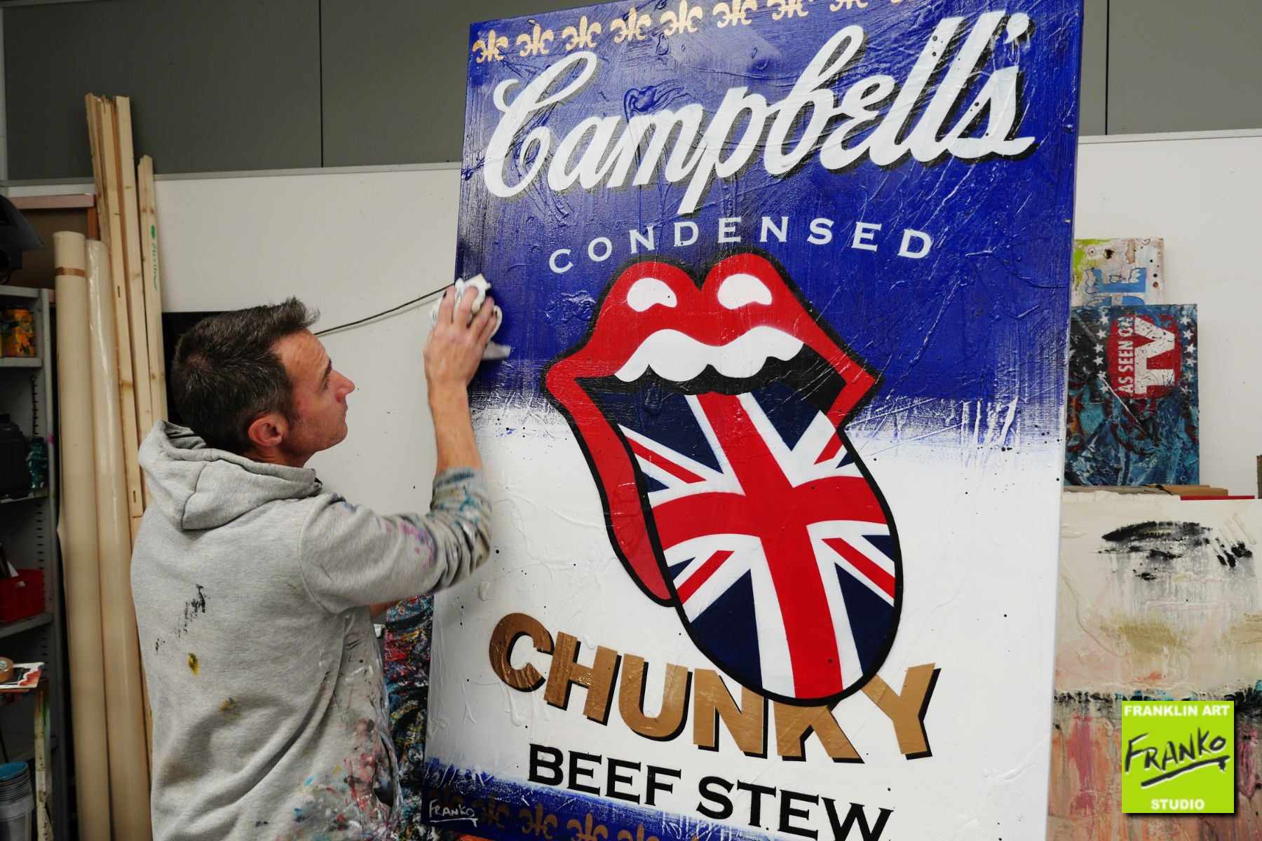 Chunky Stewed Up Rolling Stones 140cm x 100cm Campbells Soup Rolling Stones Textured Urban Pop Art Painting (SOLD)-urban pop-[Franko_Artist]-[The_Block]-[Dream_Homes]-[ideas]- [Grand_Designs]-Franklin Art Studio