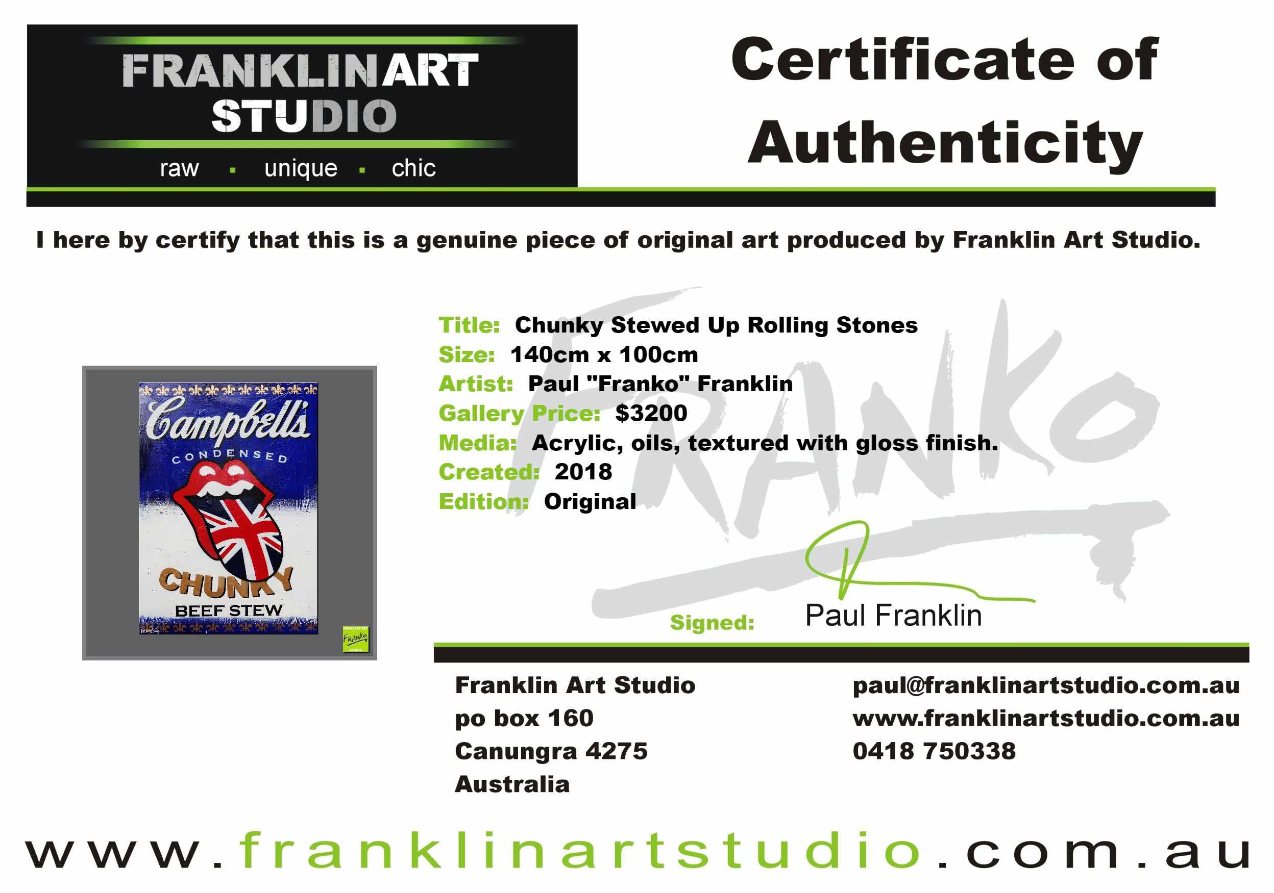 Chunky Stewed Up Rolling Stones 140cm x 100cm Campbells Soup Rolling Stones Textured Urban Pop Art Painting (SOLD)-urban pop-[Franko_Artist]-[The_Block]-[Dream_Homes]-[ideas]-[Grand_Designs]-[Art_Lover]-Franklin Art Studio