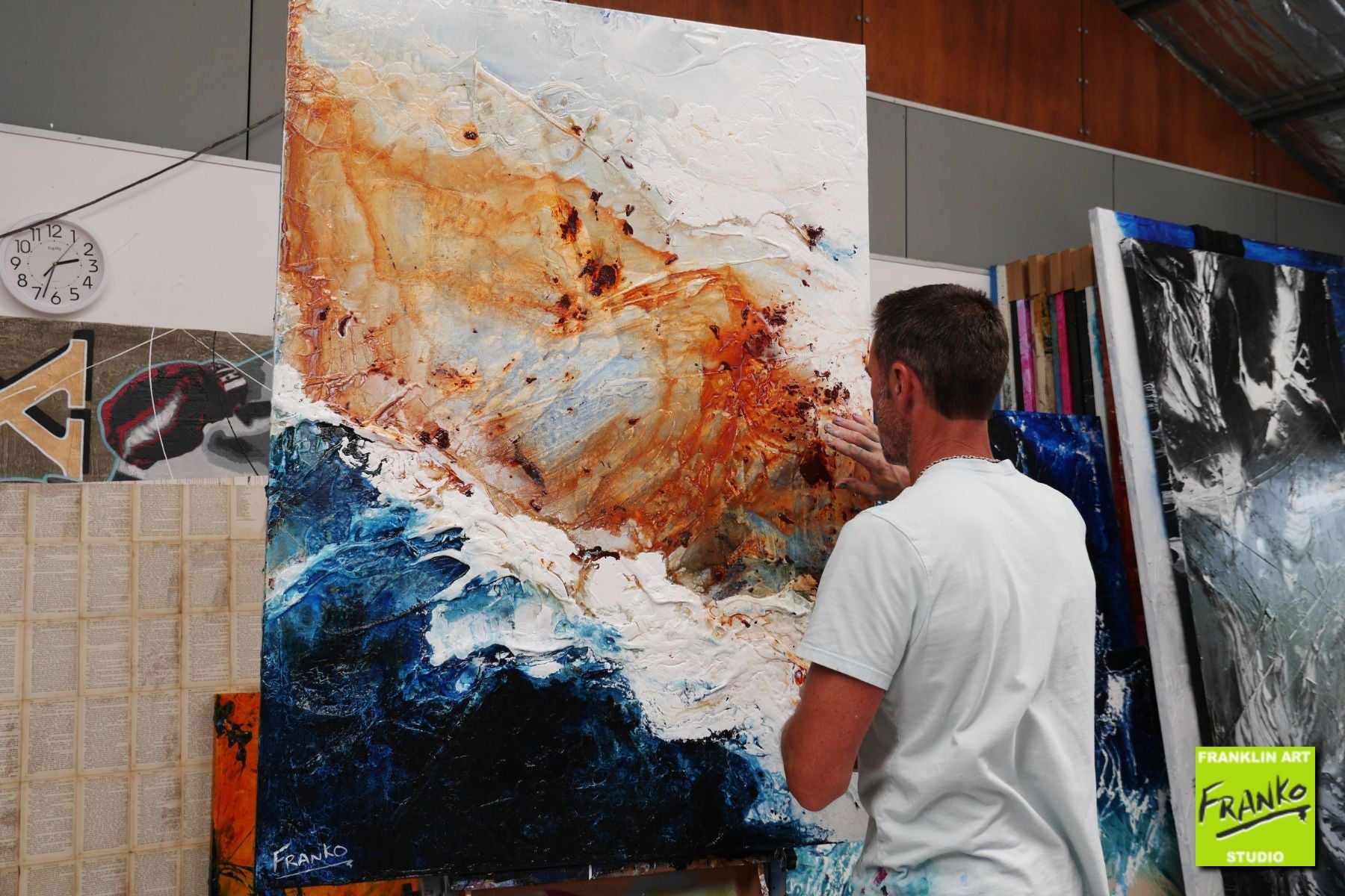 Clay 140cm x 100cm Blue White Brown Textured Abstract Painting (SOLD)-Abstract-[Franko_Artist]-[The_Block]-[Dream_Homes]-[ideas]- [Grand_Designs]-Franklin Art Studio