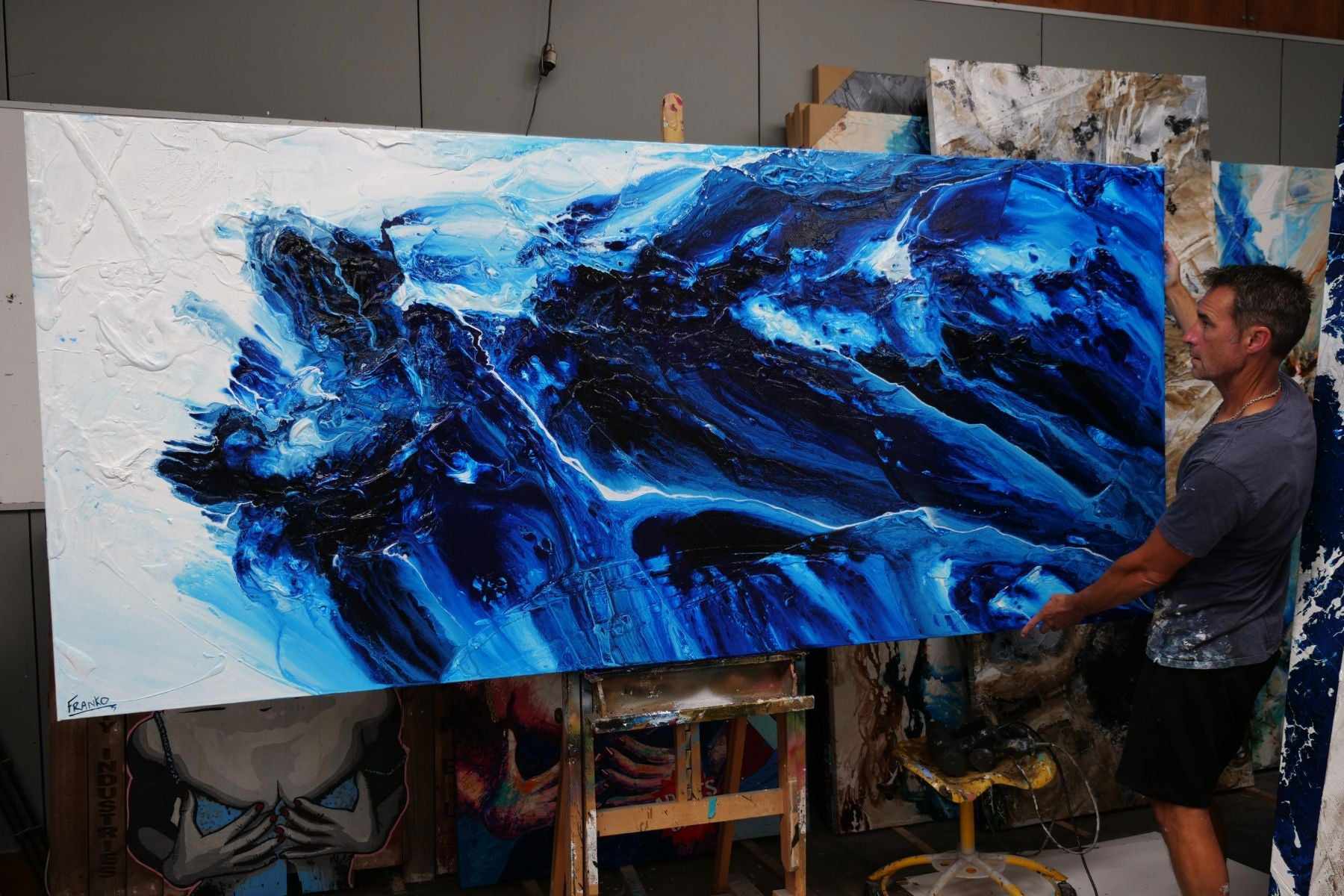 Coastal Existence 270cm x 120cm Blue White Textured Abstract Painting (SOLD)-Abstract-[Franko_Artist]-[The_Block]-[Dream_Homes]-[ideas]- [Grand_Designs]-Franklin Art Studio