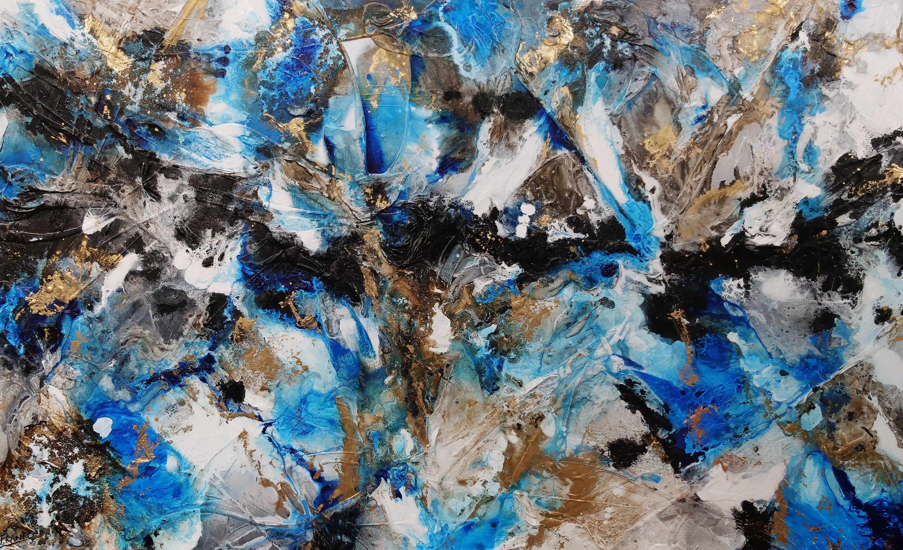 Coastal Grunge 250cm x 150cm Metallic Gold Blue Textured Abstract Painting (SOLD)-Abstract-[Franko_Artist]-[Australian_artist]-[Gold_Coast]-[Brisbane]-[modern]-[contemporary]-[original]-[Large_artwork]-Franklin Art Studio