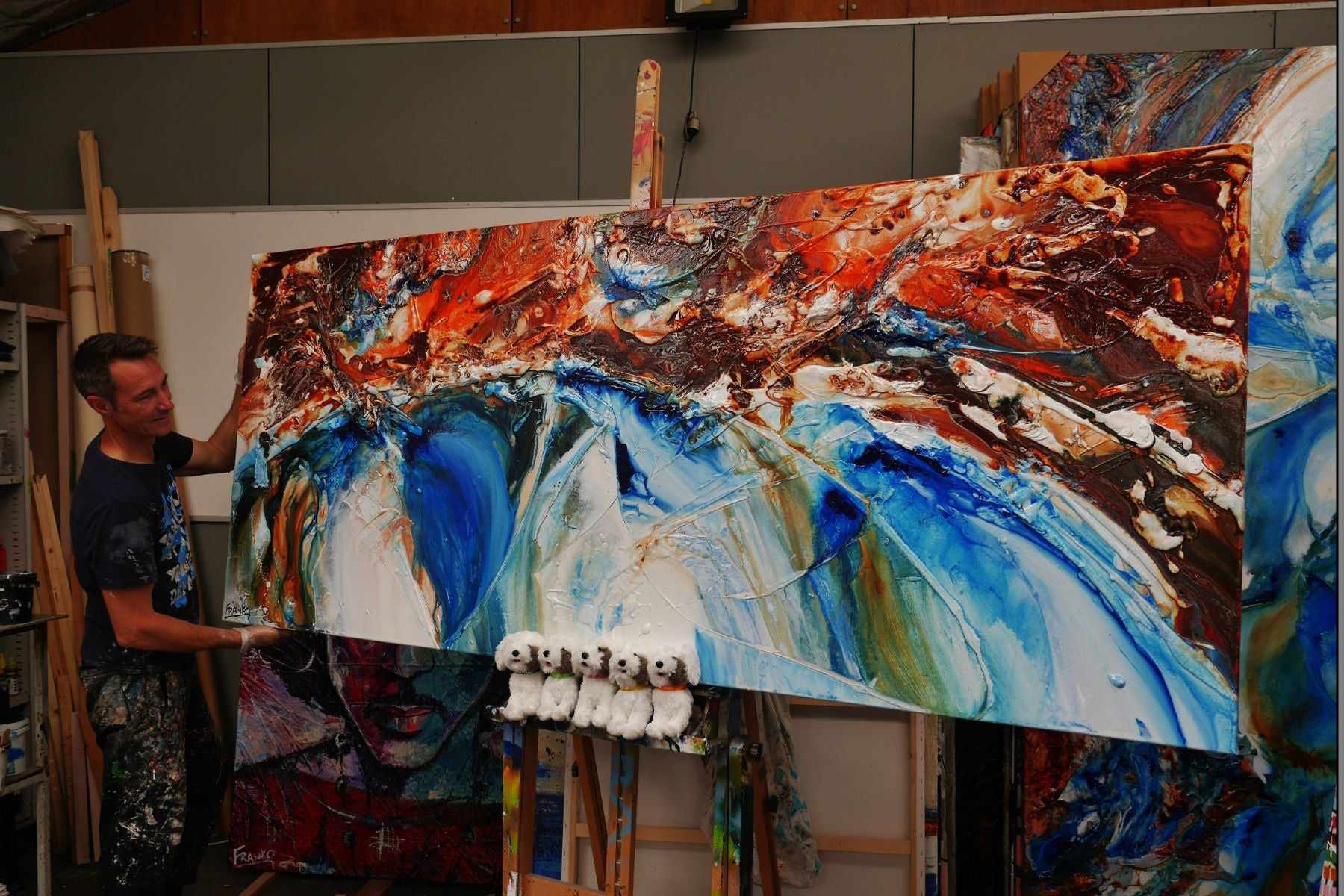Coastal Resonance 240cm x 100cm White Blue Orange Abstract Painting (SOLD)-abstract-[Franko_Artist]-[The_Block]-[Dream_Homes]-[ideas]- [Grand_Designs]-Franklin Art Studio