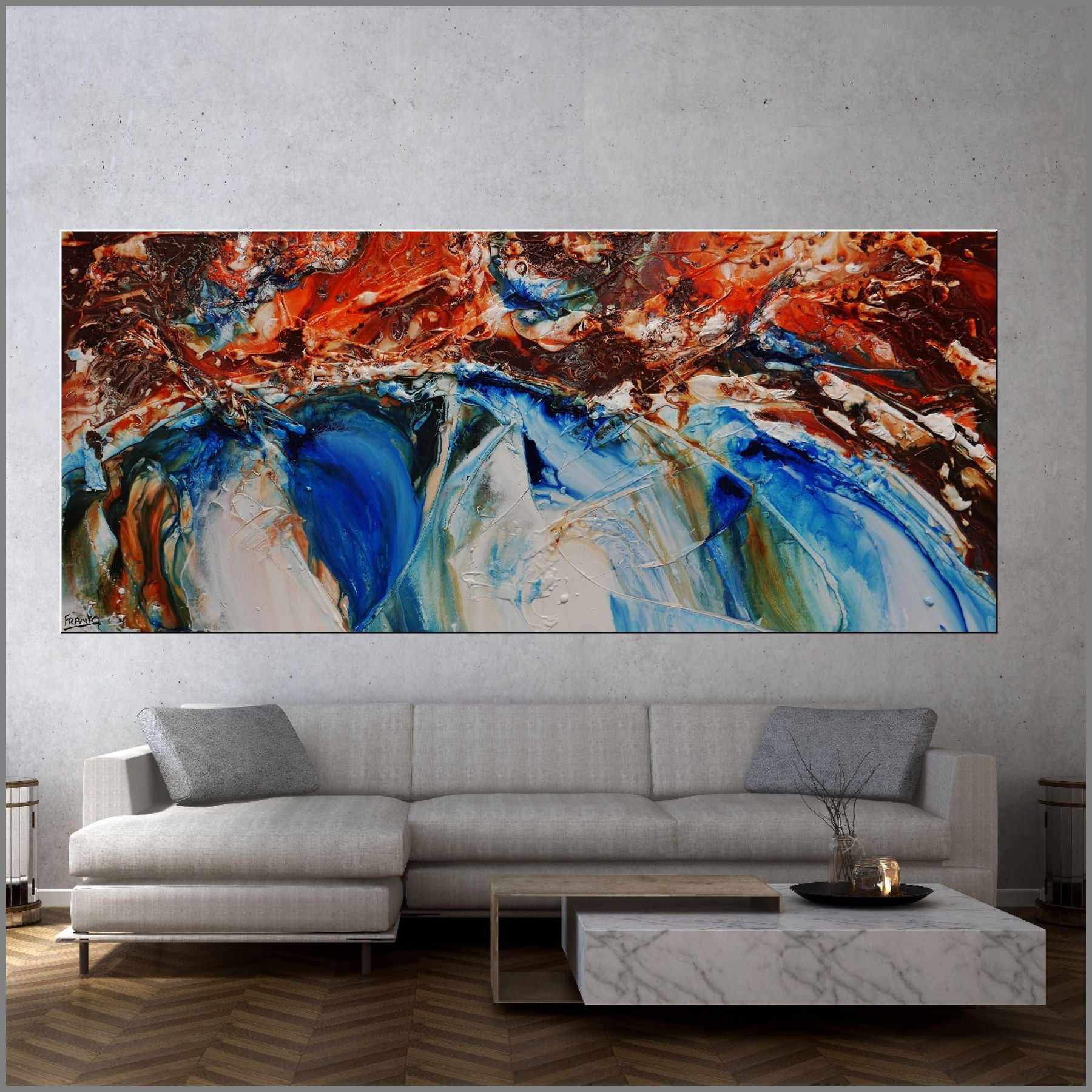 Coastal Resonance 240cm x 100cm White Blue Orange Abstract Painting (SOLD)-abstract-[Franko_Artist]-[Australian_artist]-[Gold_Coast]-[Brisbane]-[modern]-[contemporary]-[original]-[Large_artwork]-[The_Block]-[Dream_Homes]-[ideas]-[Grand_Designs]-[Art_Lover]-Franklin Art Studio