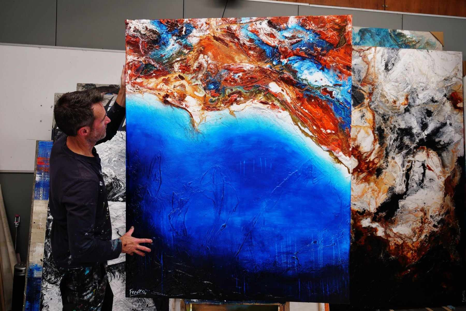 Coastal Silk 120cm x 150cm Blue Orange Textured Abstract Painting (sold Glenn) (SOLD)-Abstract-[Franko_Artist]-[The_Block]-[Dream_Homes]-[ideas]- [Grand_Designs]-Franklin Art Studio