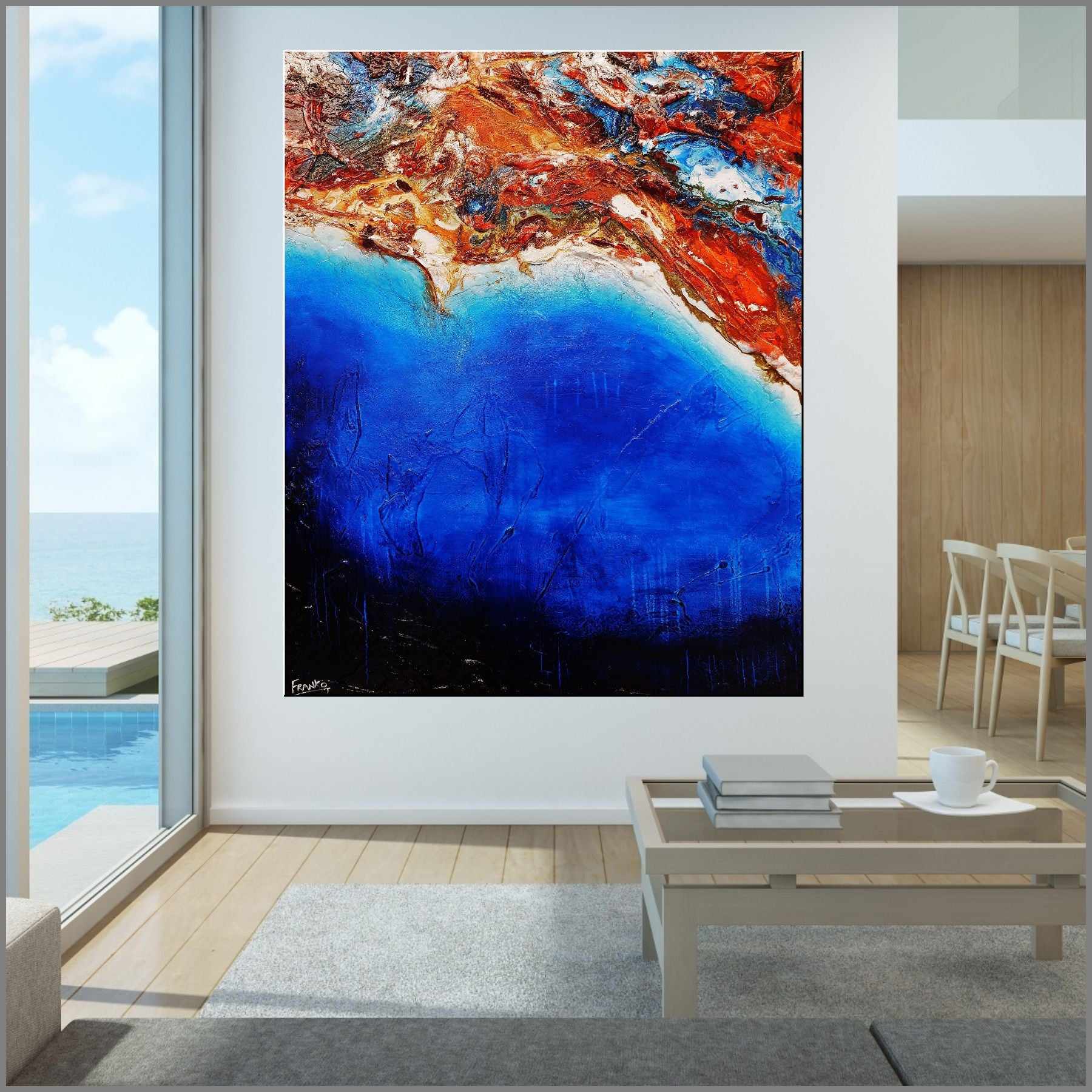Coastal Silk 120cm x 150cm Blue Orange Textured Abstract Painting (sold Glenn) (SOLD)-Abstract-[Franko_Artist]-[Australian_artist]-[Gold_Coast]-[Brisbane]-[modern]-[contemporary]-[original]-[Large_artwork]-[The_Block]-[Dream_Homes]-[ideas]-[Grand_Designs]-[Art_Lover]-Franklin Art Studio