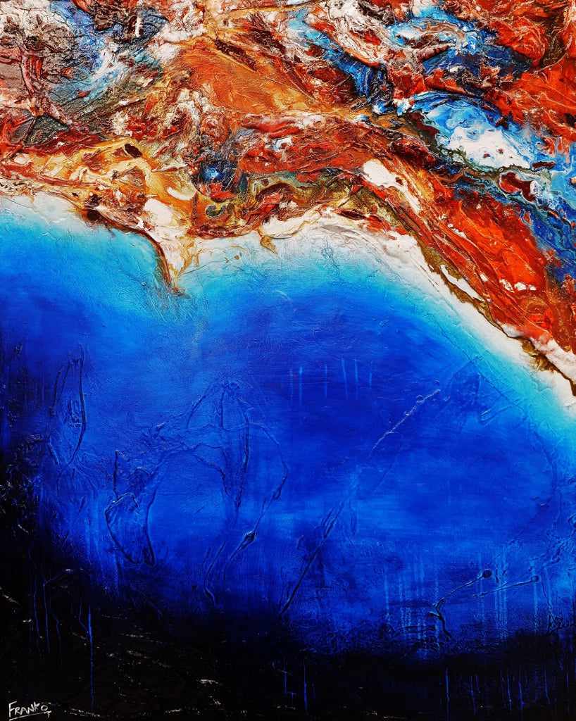 Coastal Silk 120cm x 150cm Blue Orange Textured Abstract Painting (sold Glenn) (SOLD)-Abstract-[Franko_Artist]-[Australian_artist]-[Gold_Coast]-[Brisbane]-[modern]-[contemporary]-[original]-[Large_artwork]-Franklin Art Studio