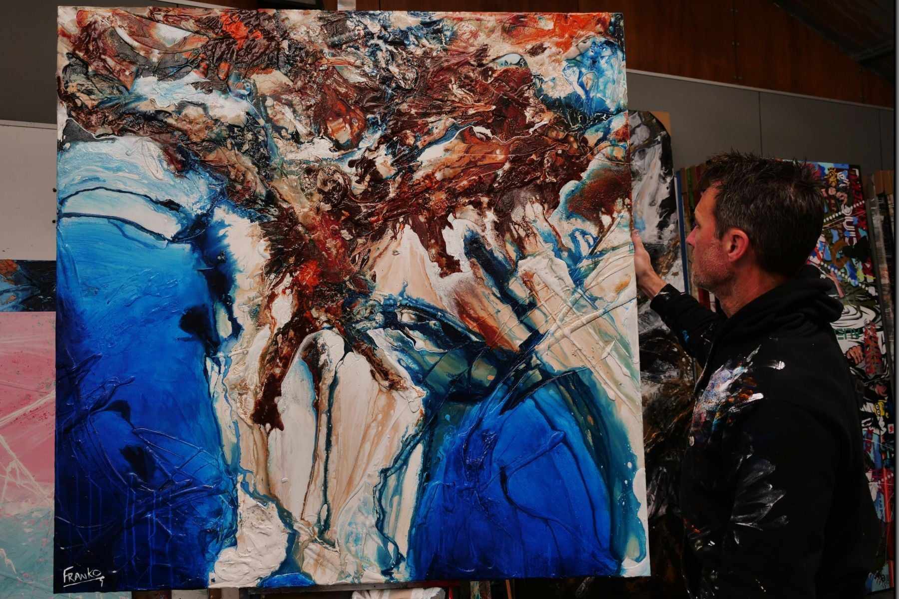Coastal Torque 150cm x 150cm Orange White Blue Textured Abstract Painting (SOLD)-Abstract-[Franko_Artist]-[The_Block]-[Dream_Homes]-[ideas]- [Grand_Designs]-Franklin Art Studio