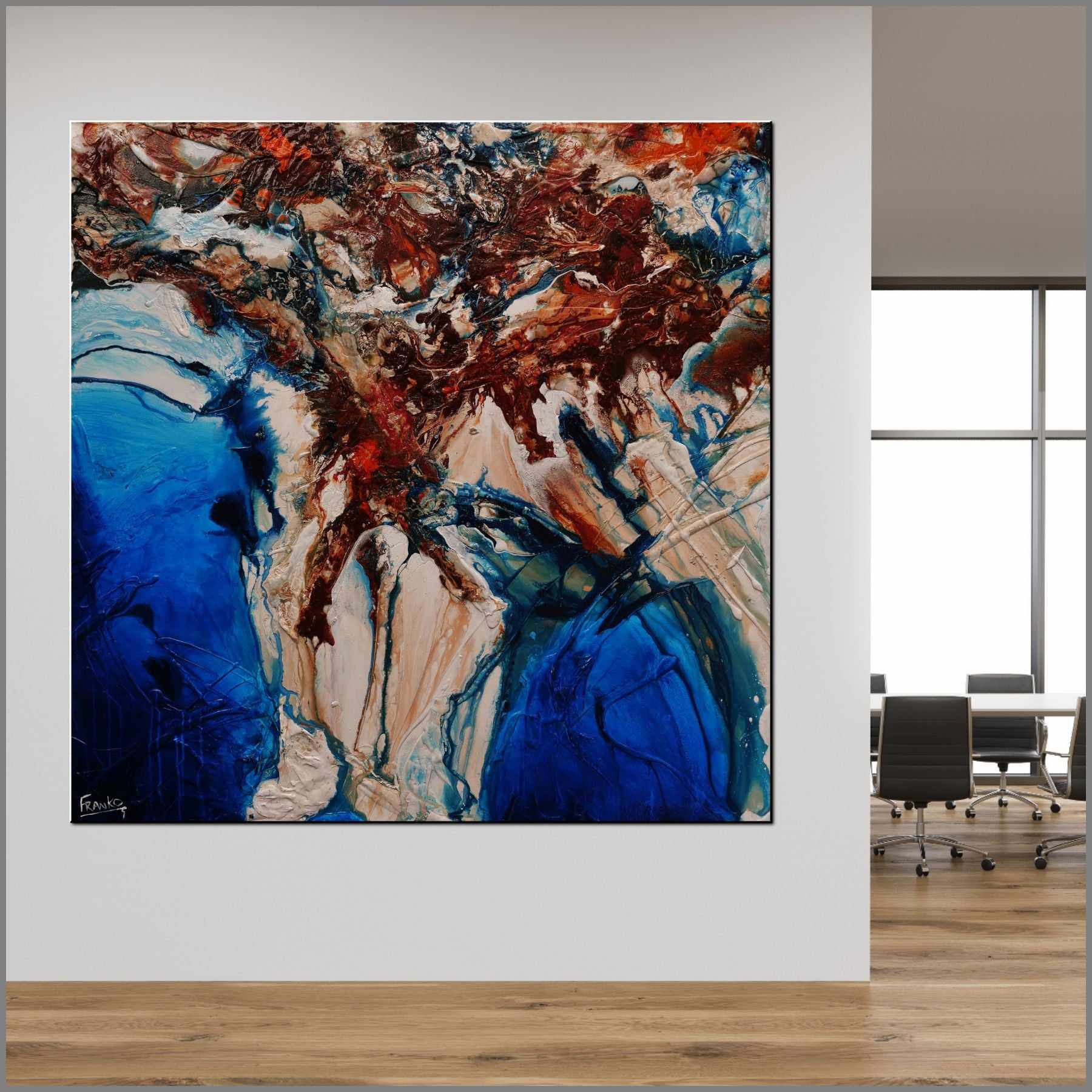 Coastal Torque 150cm x 150cm Orange White Blue Textured Abstract Painting (SOLD)-Abstract-[Franko_Artist]-[Australian_artist]-[Gold_Coast]-[Brisbane]-[modern]-[contemporary]-[original]-[Large_artwork]-[The_Block]-[Dream_Homes]-[ideas]-[Grand_Designs]-[Art_Lover]-Franklin Art Studio
