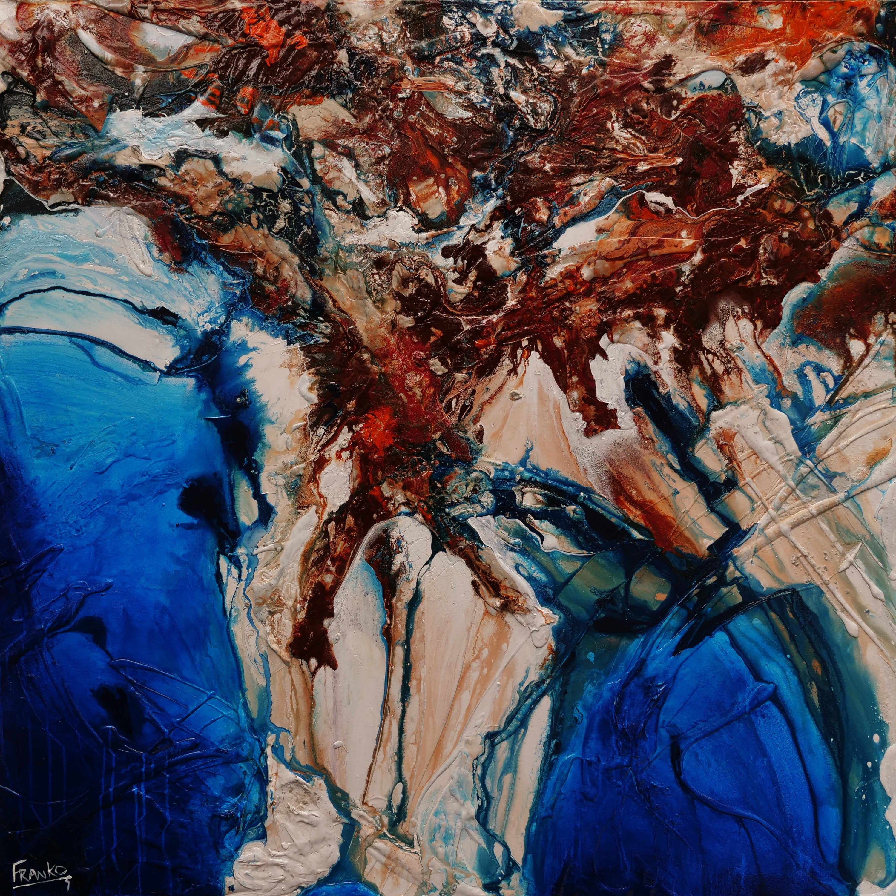 Coastal Torque 150cm x 150cm Orange White Blue Textured Abstract Painting (SOLD)-Abstract-[Franko_Artist]-[Australian_artist]-[Gold_Coast]-[Brisbane]-[modern]-[contemporary]-[original]-[Large_artwork]-Franklin Art Studio