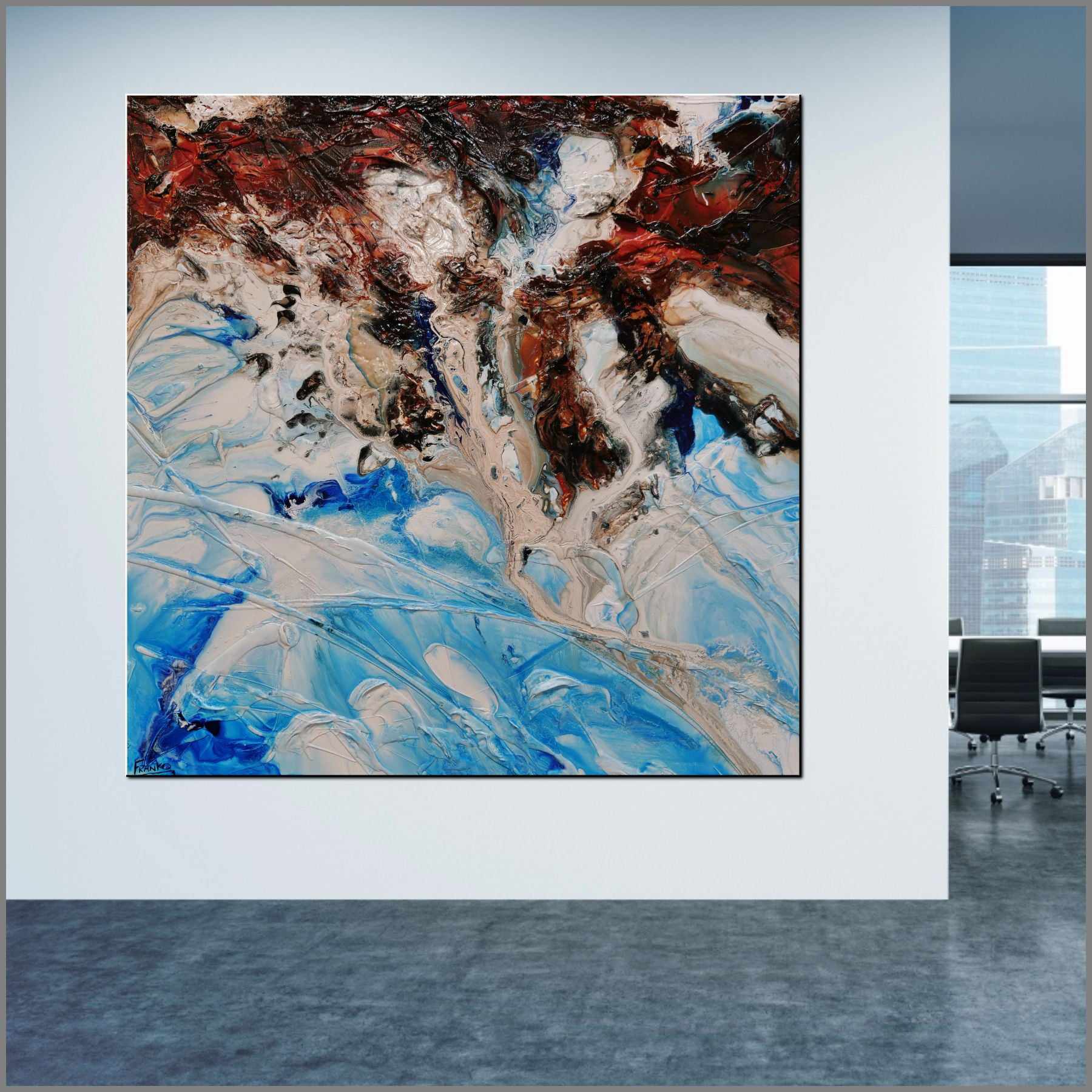 Coastal Umber 150cm x 150cm Blue Umber White Textured Abstract Painting (SOLD)-Abstract-[Franko_Artist]-[Australian_artist]-[Gold_Coast]-[Brisbane]-[modern]-[contemporary]-[original]-[Large_artwork]-[The_Block]-[Dream_Homes]-[ideas]-[Grand_Designs]-[Art_Lover]-Franklin Art Studio