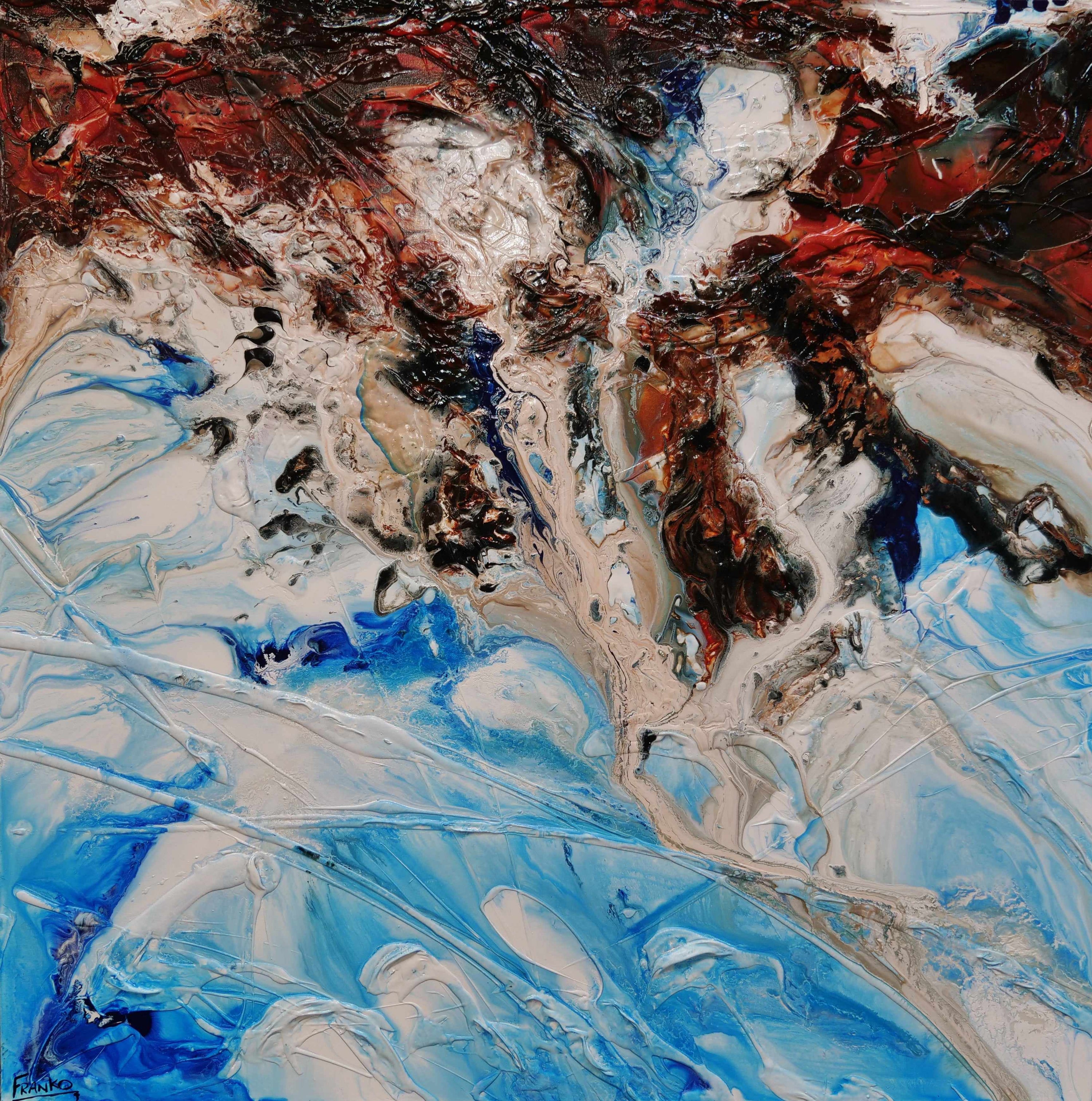 Coastal Umber 150cm x 150cm Blue Umber White Textured Abstract Painting (SOLD)-Abstract-[Franko_Artist]-[Australian_artist]-[Gold_Coast]-[Brisbane]-[modern]-[contemporary]-[original]-[Large_artwork]-Franklin Art Studio