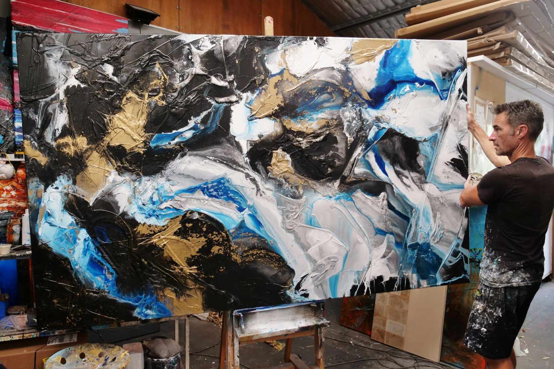 Cobalt Bliss 250cm x 150cm Black Cobalt Gold Textured Abstract Painting (SOLD)-Abstract-[Franko_Artist]-[The_Block]-[Dream_Homes]-[ideas]- [Grand_Designs]-Franklin Art Studio