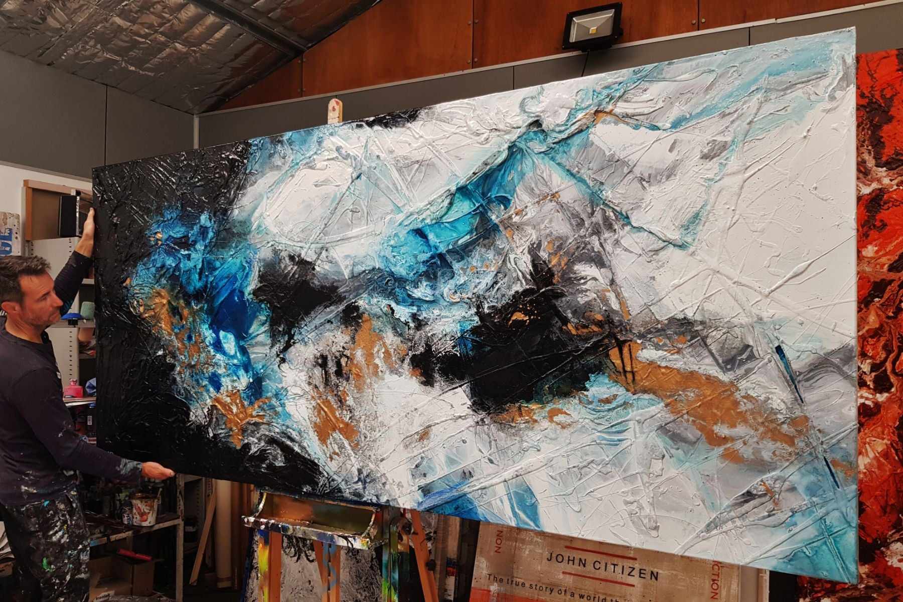 Cobalt Marble 270cm x 120cm Black Blue White Textured Abstract Painting (SOLD)-Abstract-[Franko_Artist]-[The_Block]-[Dream_Homes]-[ideas]- [Grand_Designs]-Franklin Art Studio
