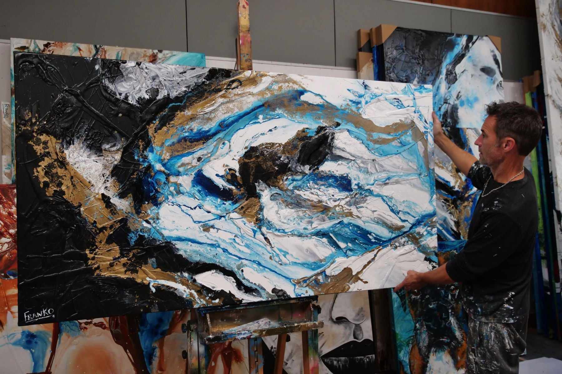 Cobalt Pearl 190cm x 100cm Blue Black Textured Abstract Painting (SOLD)-Abstract-[Franko_Artist]-[The_Block]-[Dream_Homes]-[ideas]- [Grand_Designs]-Franklin Art Studio