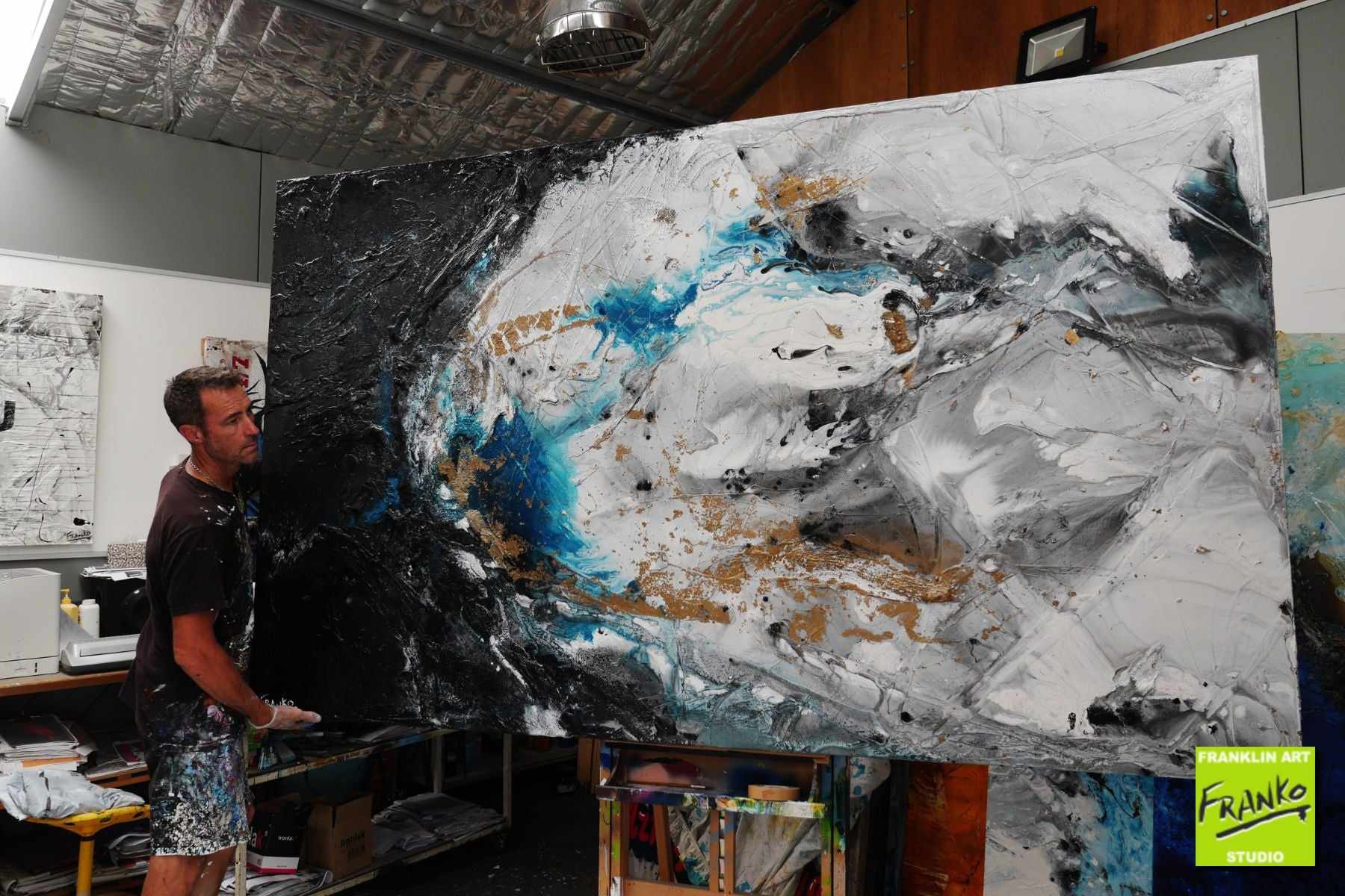 Cobalt Persuasion 250cm x 150cm Black Grey Cobalt Textured Abstract Painting (SOLD)-Abstract-[Franko_Artist]-[The_Block]-[Dream_Homes]-[ideas]- [Grand_Designs]-Franklin Art Studio