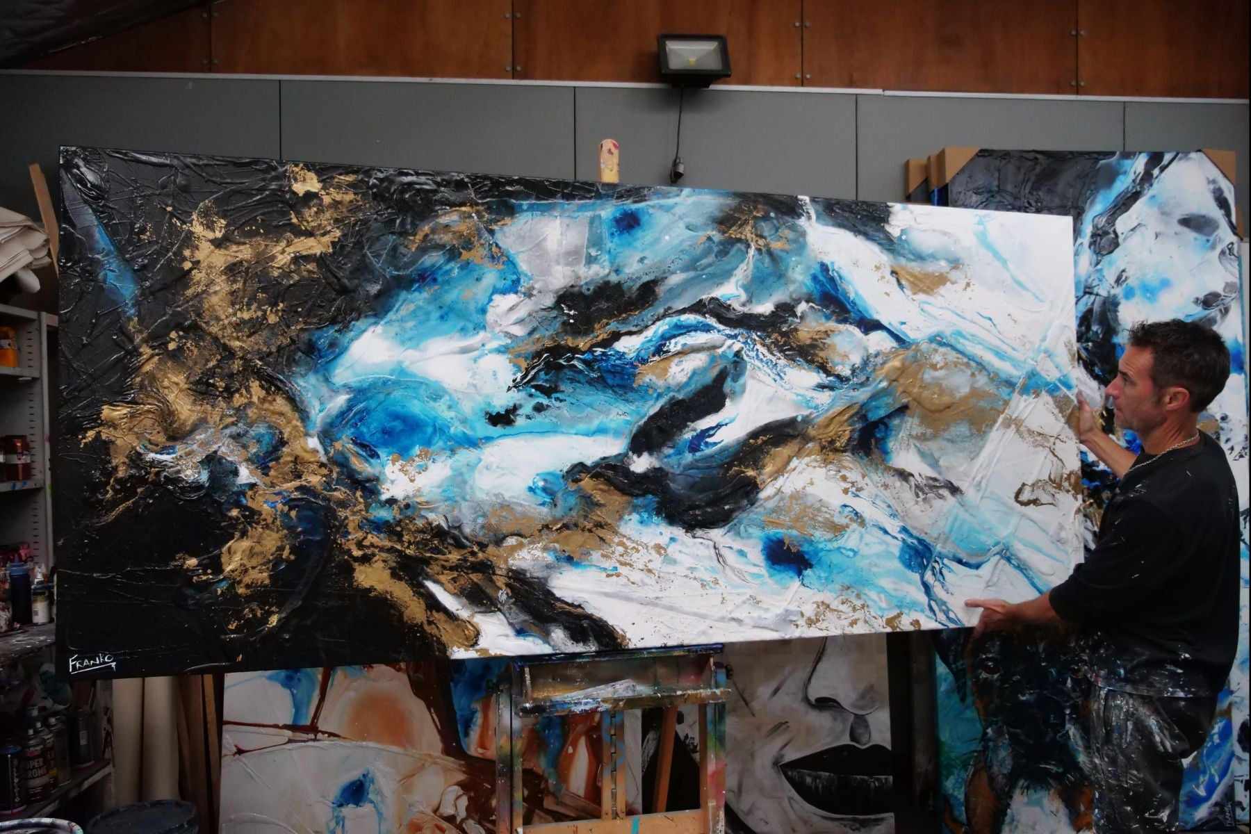 Cobalt Sass 270cm x 120cm Blue Black Textured Abstract Painting (SOLD)-Abstract-[Franko_Artist]-[The_Block]-[Dream_Homes]-[ideas]- [Grand_Designs]-Franklin Art Studio