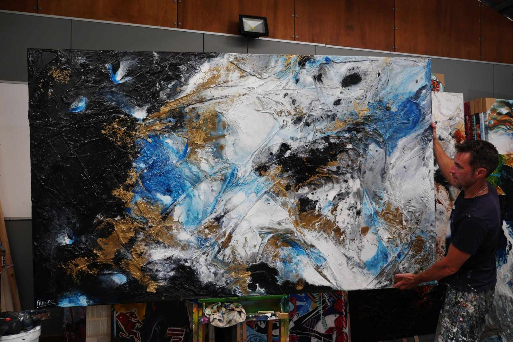 Cobalt Sunrise 250cm x 150cm Blue Black Textured Abstract Painting (SOLD)-Abstract-[Franko_Artist]-[The_Block]-[Dream_Homes]-[ideas]-[Grand_Designs]-[Art_Lover]-Franklin Art Studio